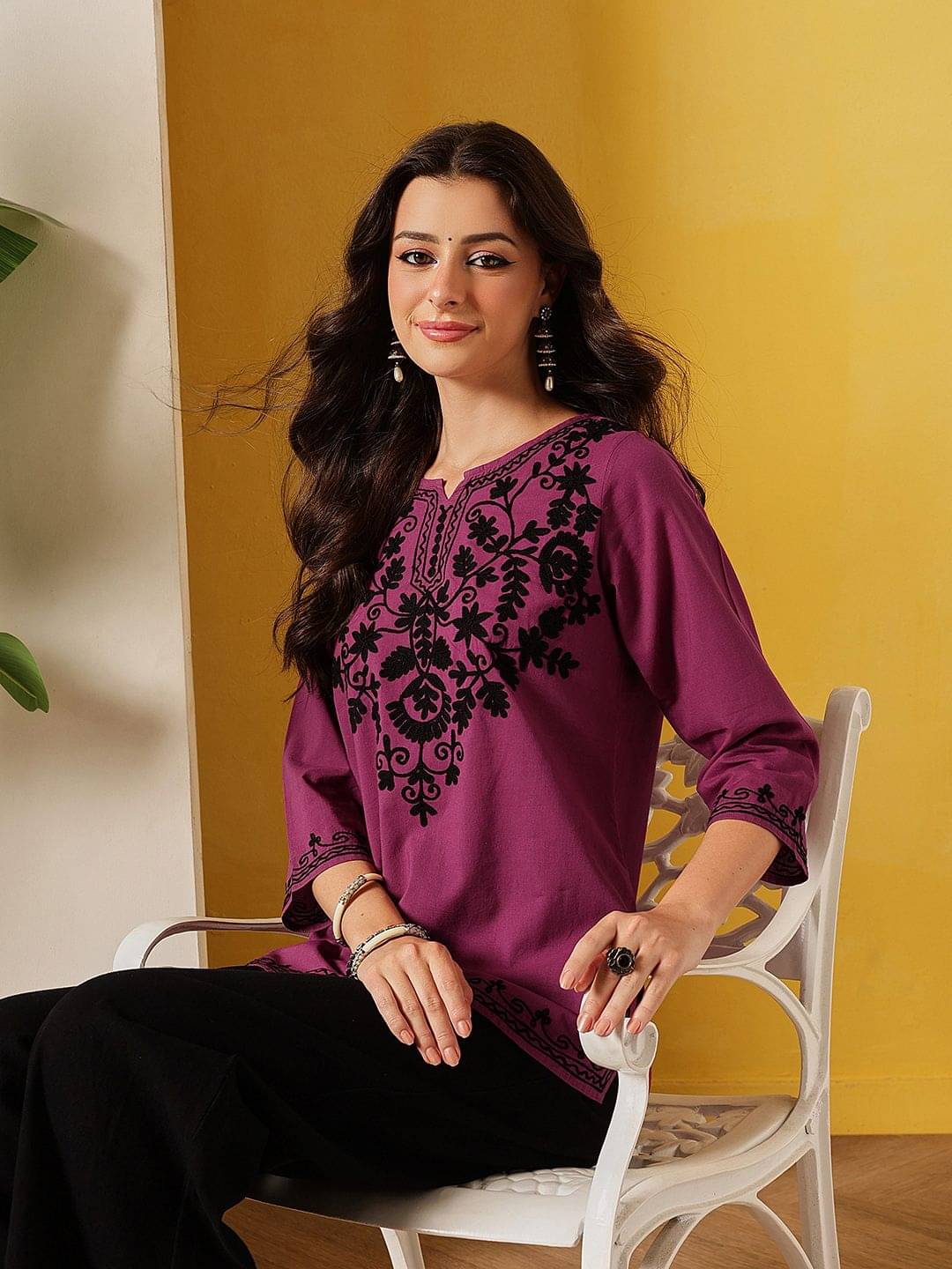 Fembliss Women Cotton Embroidered Straight Kurti ( Wine ) Fembliss Women Cotton Embroidered Straight Kurti ( Wine )