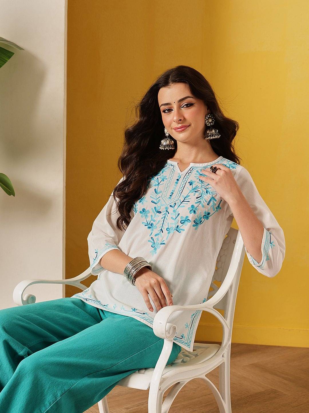 Fembliss Women Cotton Embroidered Straight Kurti ( Blue ) Fembliss Women Cotton Embroidered Straight Kurti ( Blue )