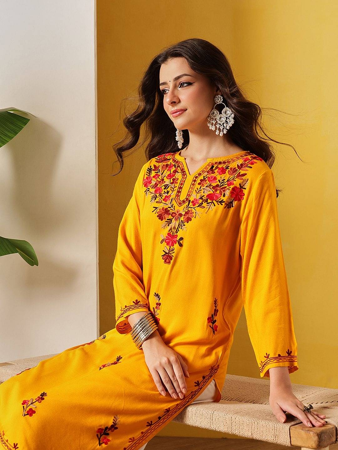     			Fembliss Women Viscose Rayon Embroidered Straight Kurti ( Yellow )
