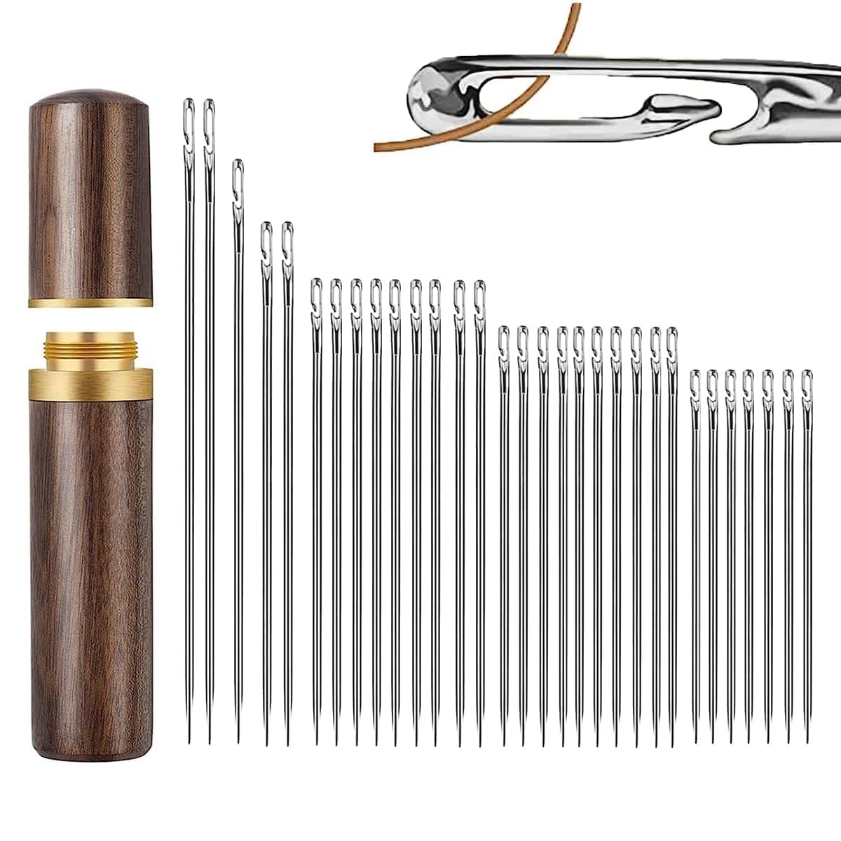    			Fivanio 30-Piece Self-Threading Quilting Needle Set with Wooden Storage Case – Long Needles in Various Sizes for Quilting-Embroidery & Hand Sewing