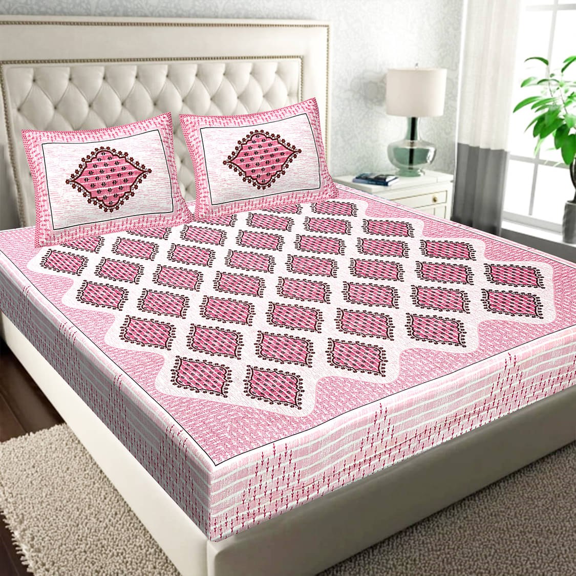     			FrionKandy Living Cotton 1 Double King Bedsheet with 2 Pillow Covers ( Pink )