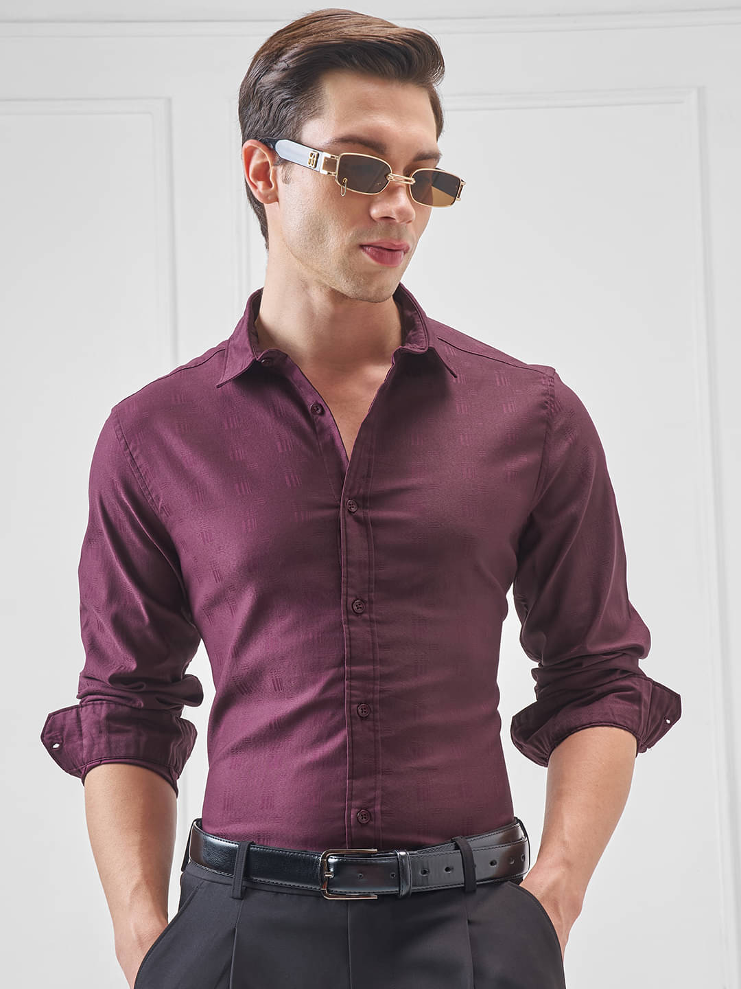 Highlander Cotton Blend Slim Fit Self Design Full Sleeves Men's Casual Shirt - Maroon ( Pack of 1 ) Highlander Cotton Blend Slim Fit Self Design Full Sleeves Men's Casual Shirt - Maroon ( Pack of 1 )
