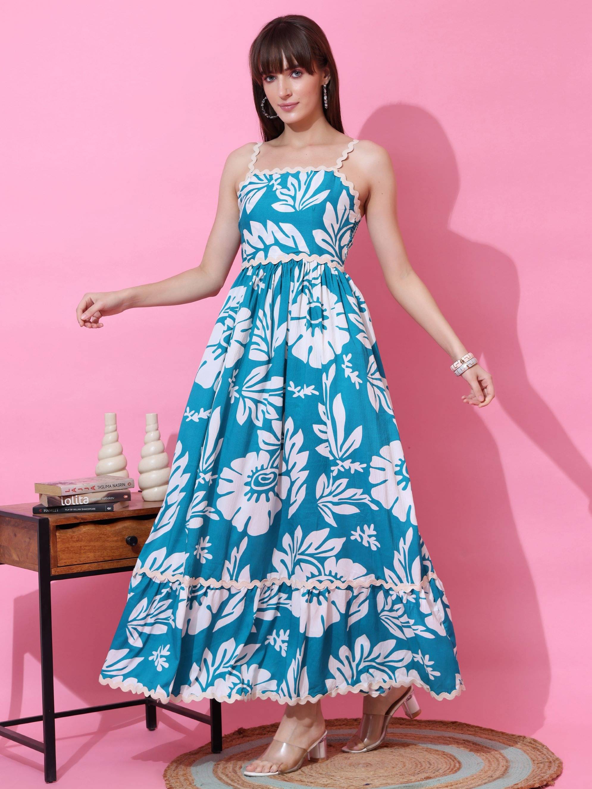 Honky Tonky Women Crepe Printed Fit & Flare Dress ( Light Blue ) Honky Tonky Women Crepe Printed Fit & Flare Dress ( Light Blue )