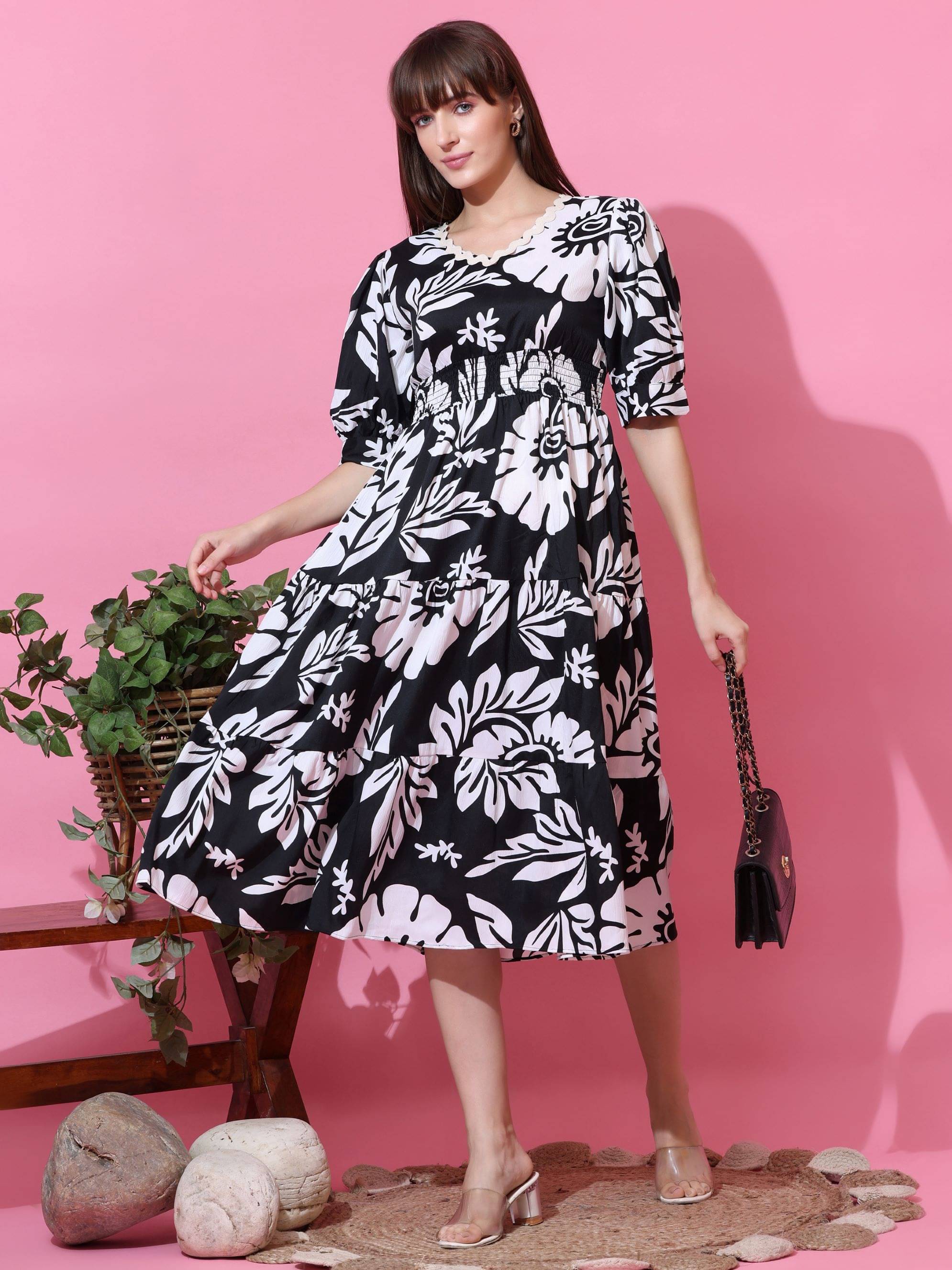     			Honky Tonky Women Crepe Printed Fit & Flare Dress ( Black )