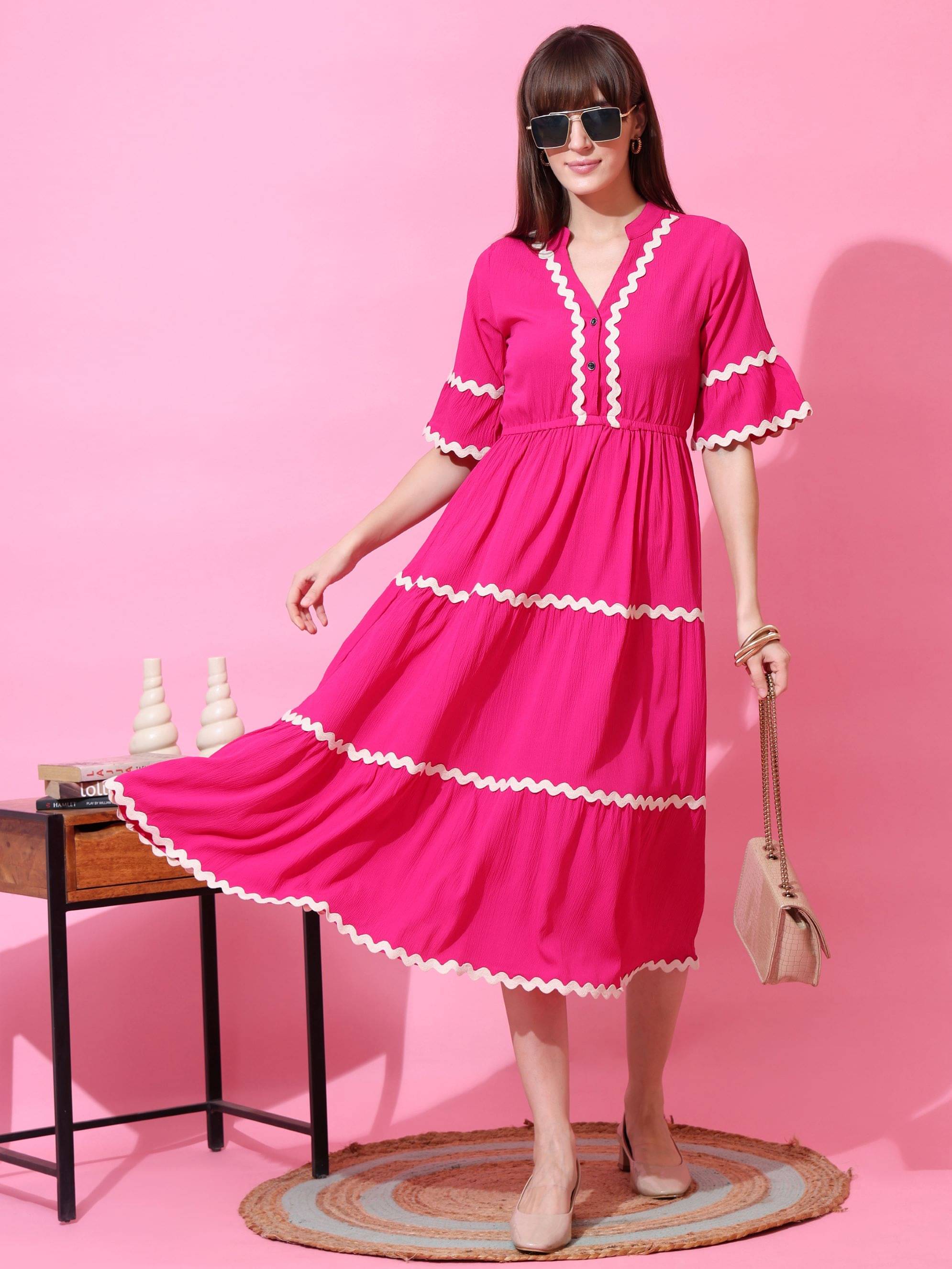     			Honky Tonky Women Crepe Printed Fit & Flare Dress ( Pink )