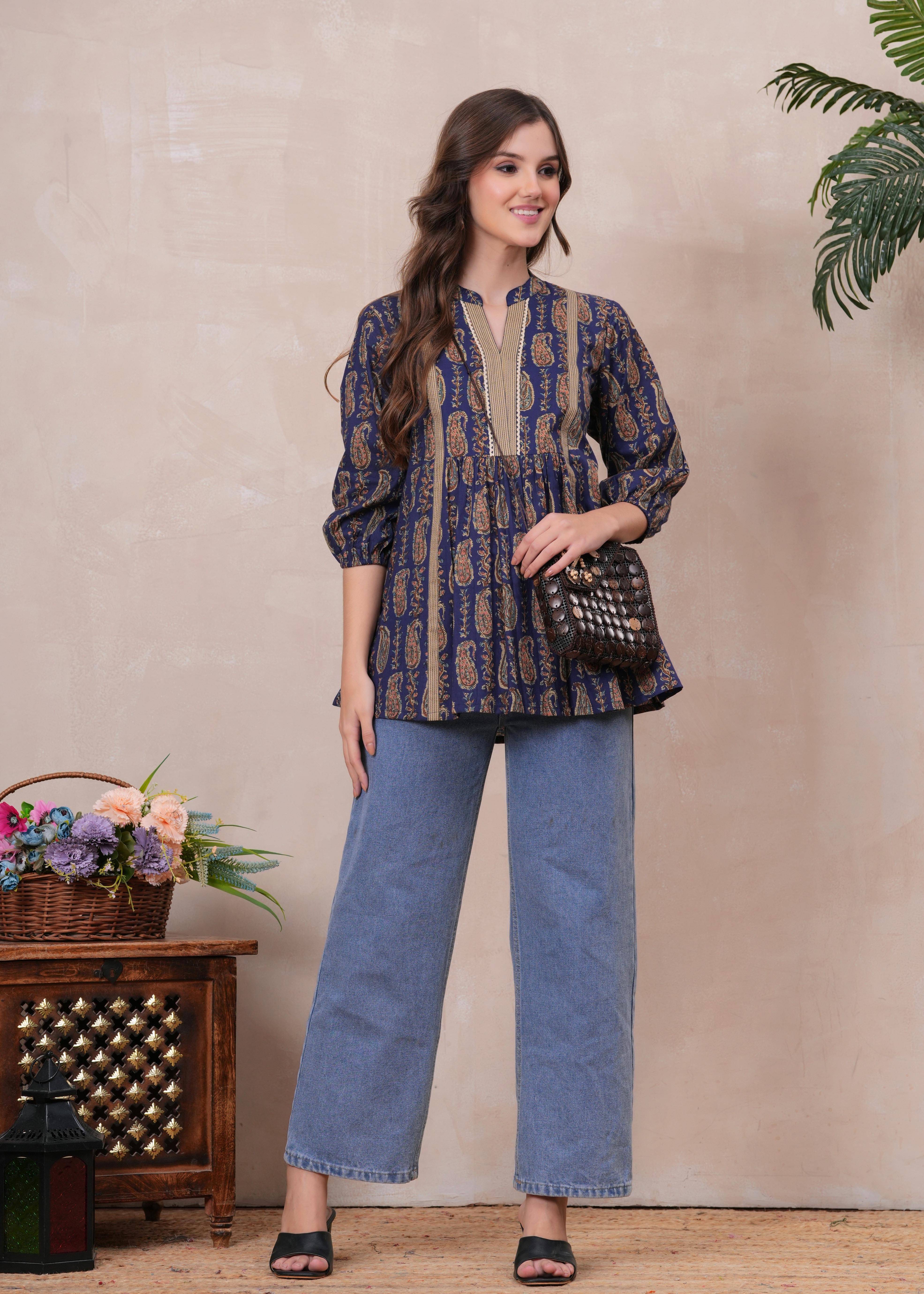     			JAI SHIVAM TRADERS Women's Cotton Peplum Top ( Navy Blue )