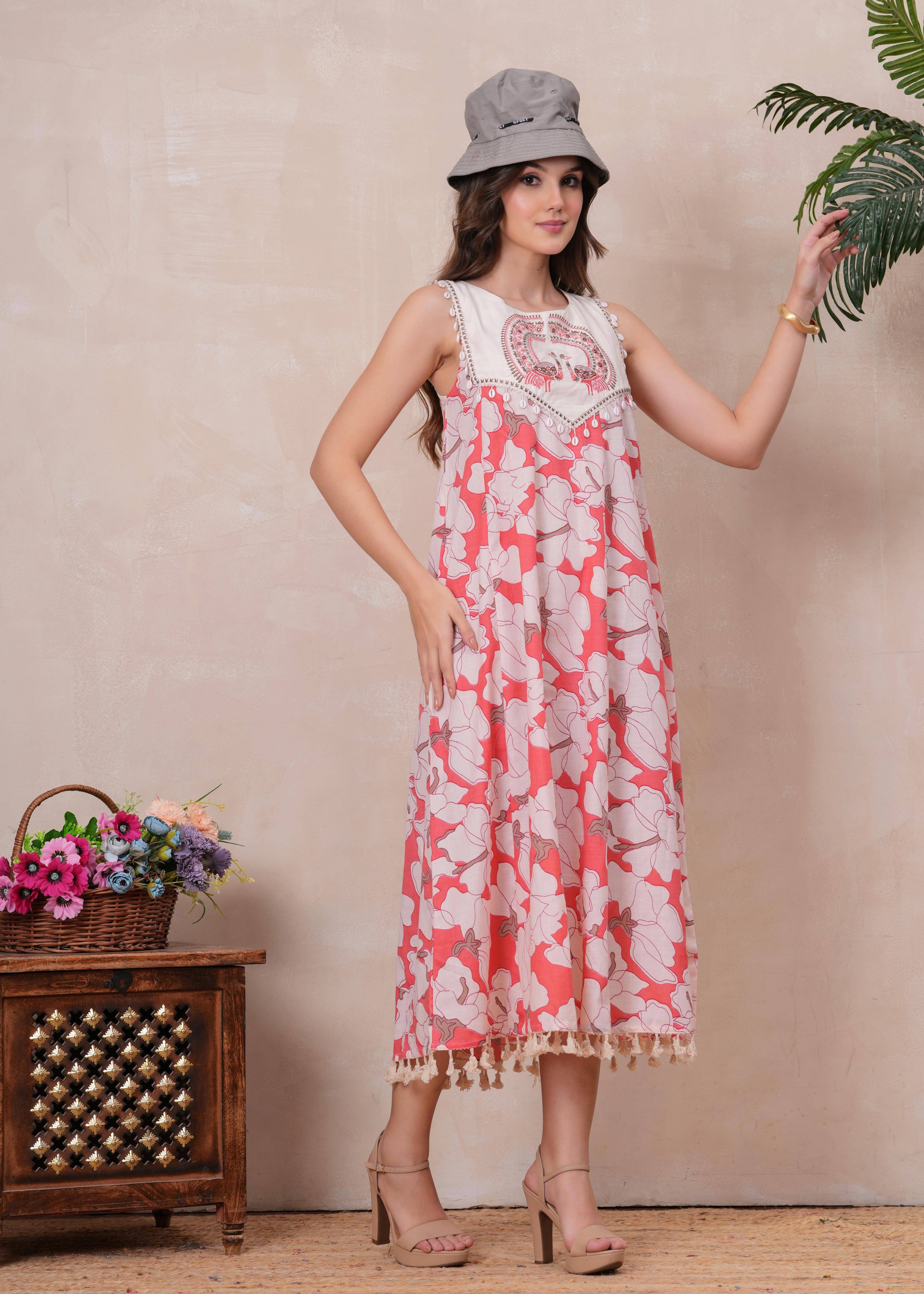     			JC4U Women Cotton Self Design Fit & Flare Dress ( Peach )