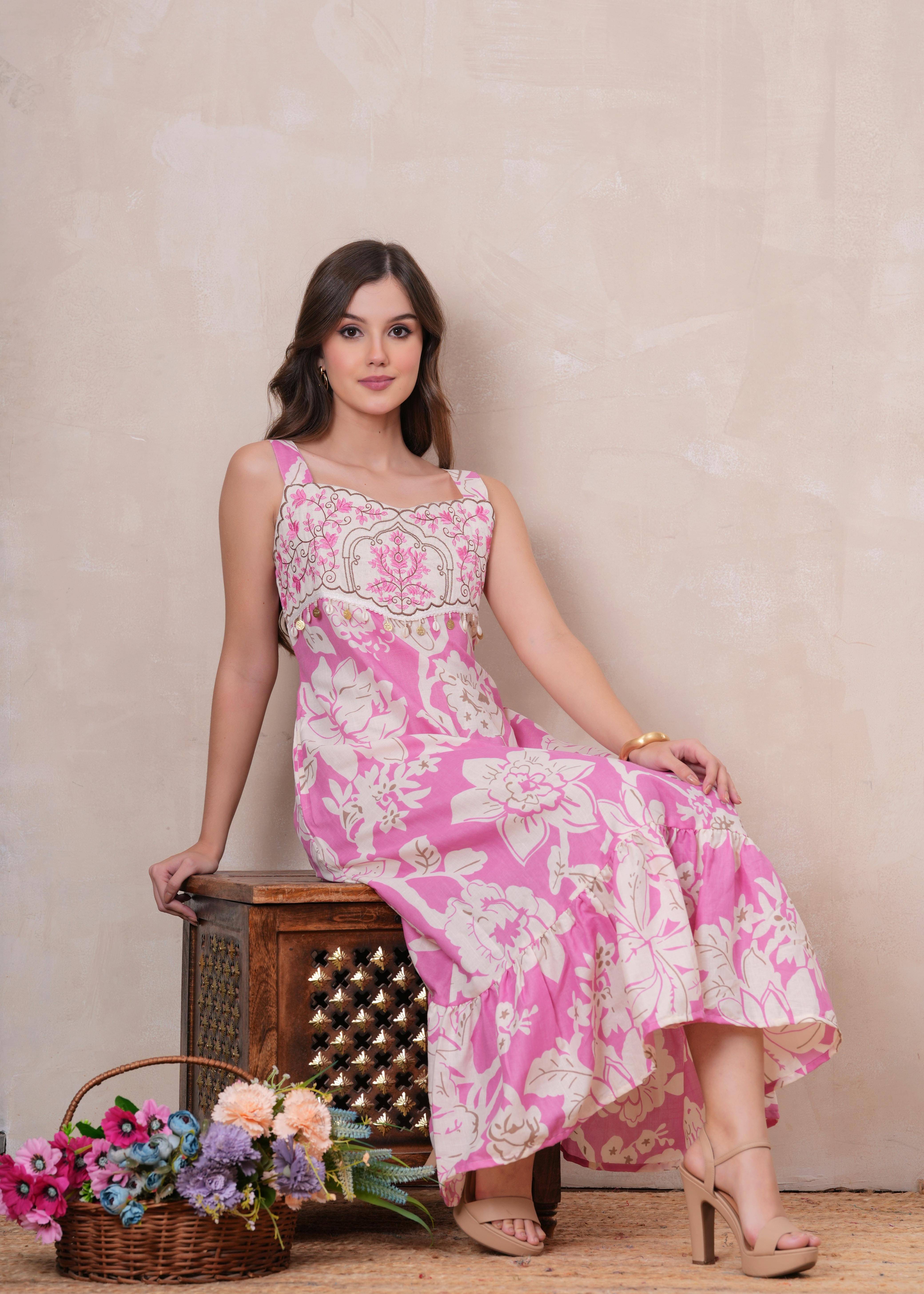     			JC4U Women Cotton Self Design Fit & Flare Dress ( Pink )