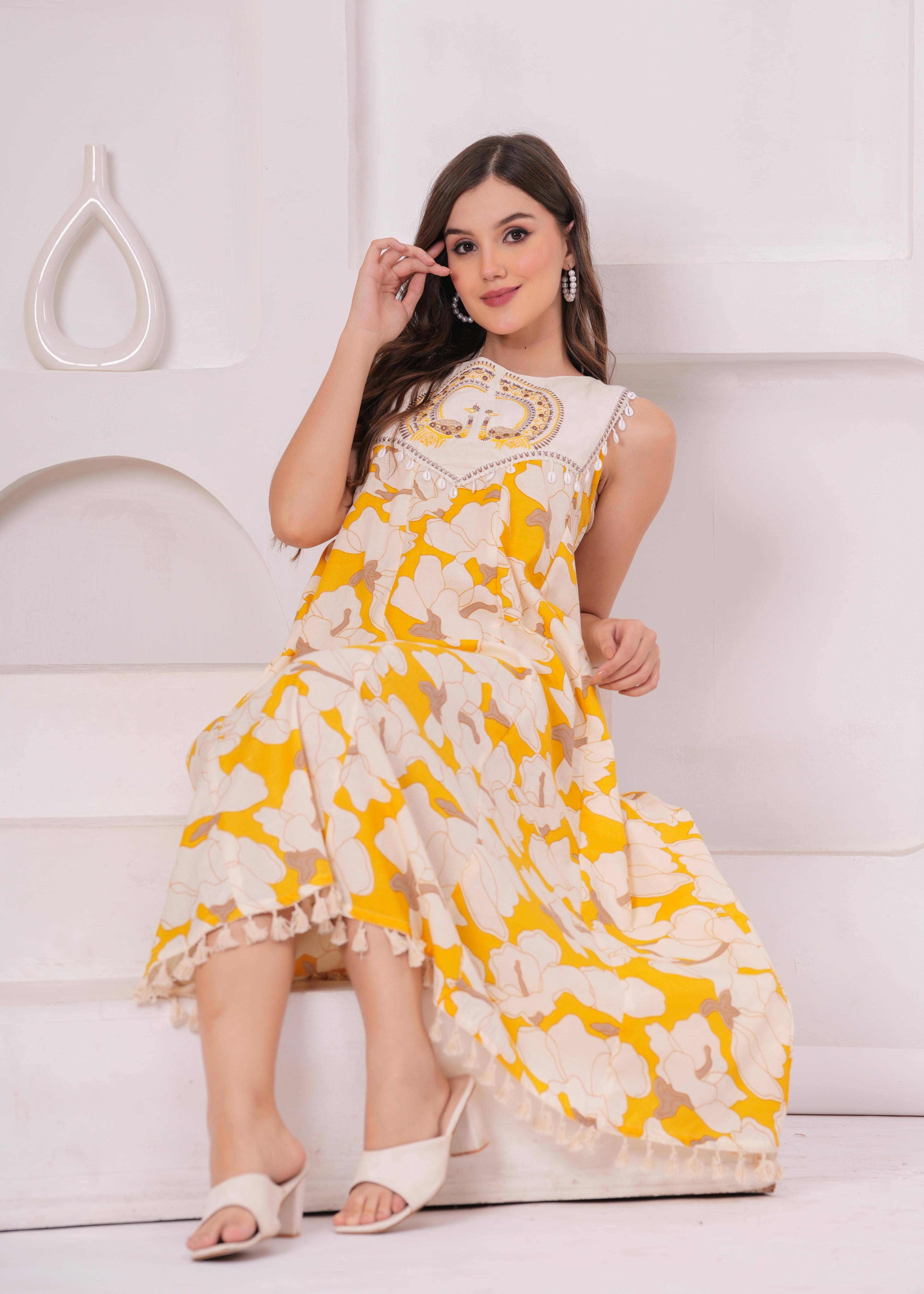 JC4U Women Cotton Self Design Fit & Flare Dress ( Mustard )