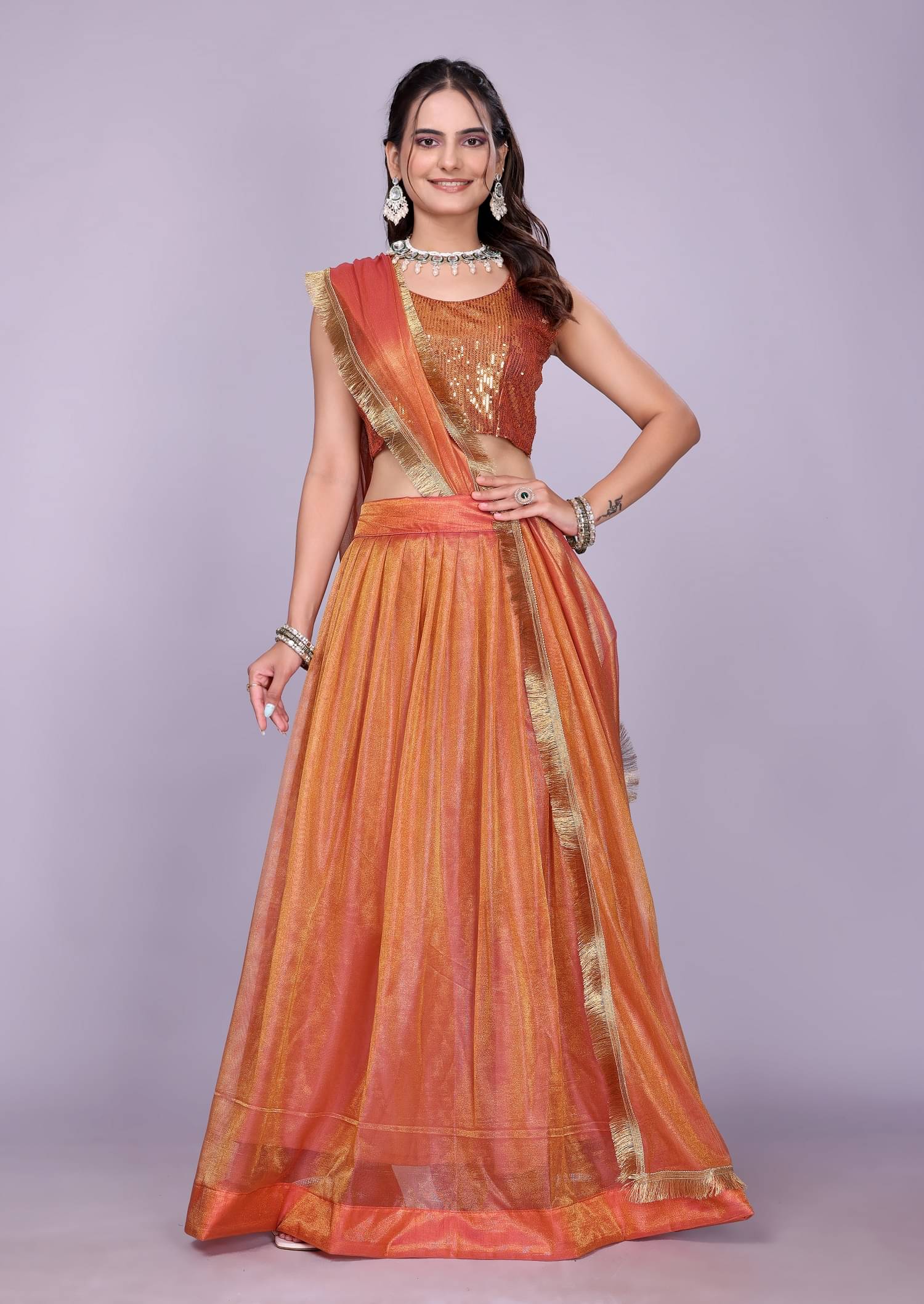     			JULEE Women Chiffon Flared Semi Stitched Lehenga Choli ( Orange )
