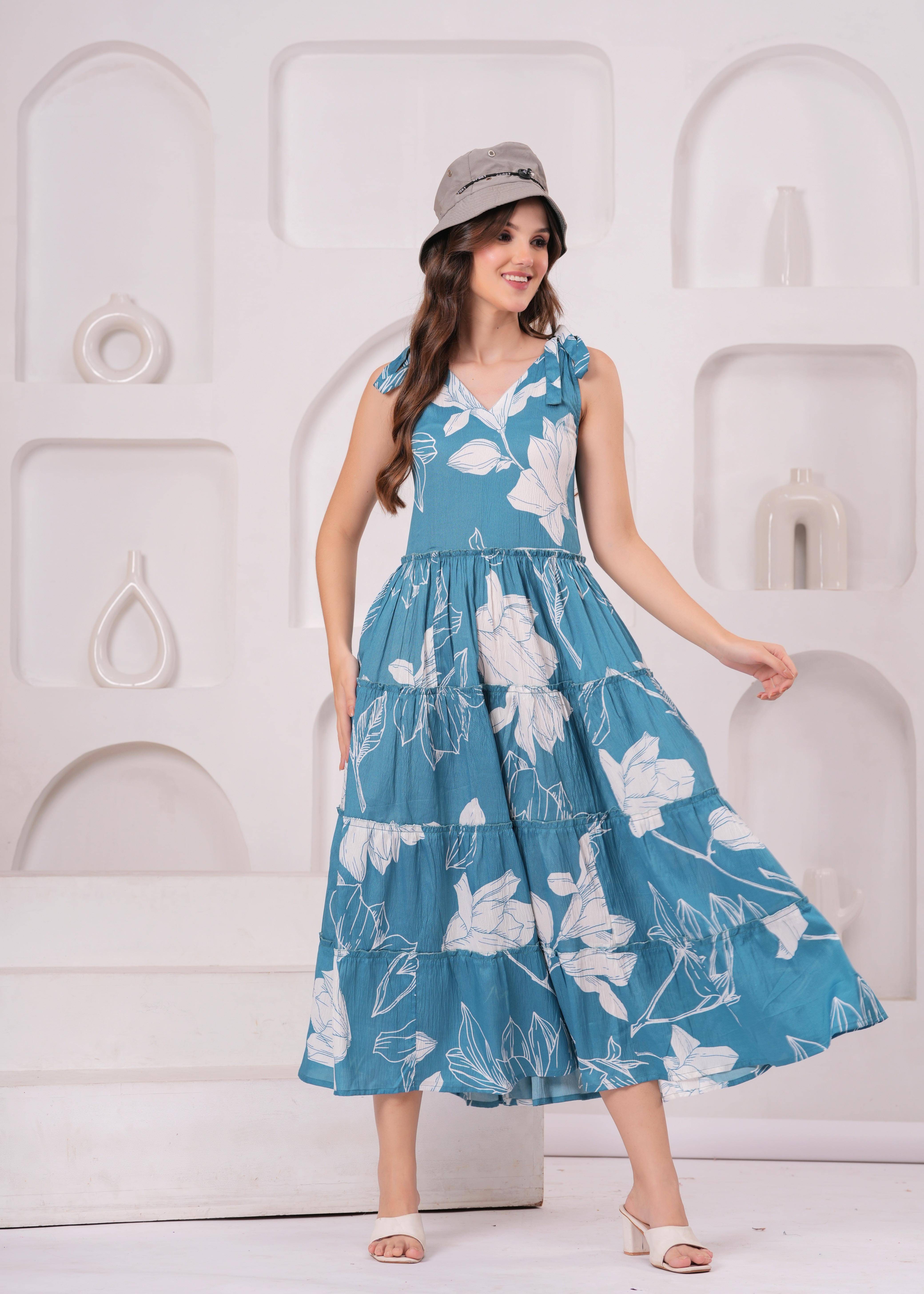 Jyoti Women Crepe Printed Fit & Flare Dress ( Turquoise )     			Jyoti Women Crepe Printed Fit & Flare Dress ( Turquoise )