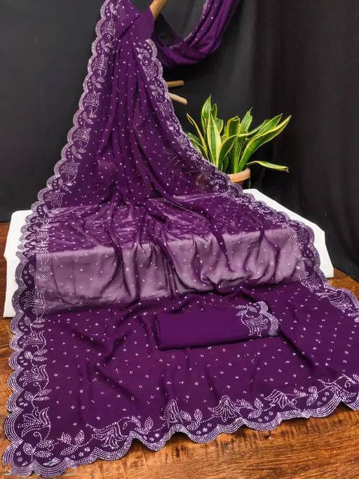 KRISHA Cotton Blend Solid Chettinad Saree With Unstitched Blouse Piece ( Purple ) KRISHA Cotton Blend Solid Chettinad Saree With Unstitched Blouse Piece ( Purple )