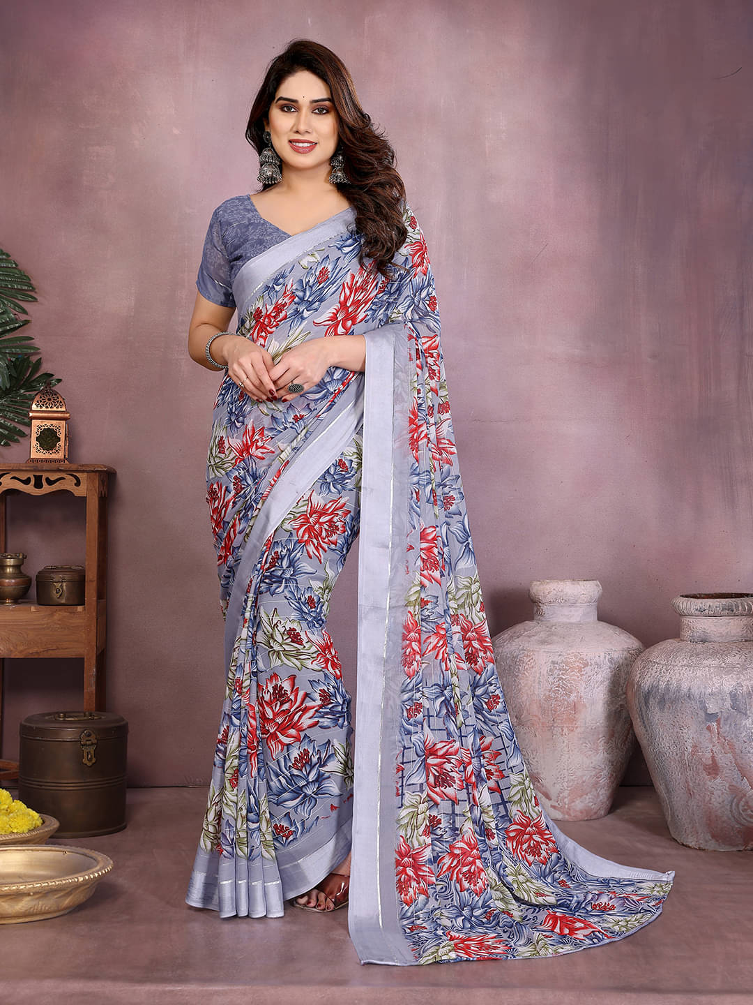     			Kashvi Sarees Georgette Printed Regular Saree With Unstitched Blouse Piece ( Grey )