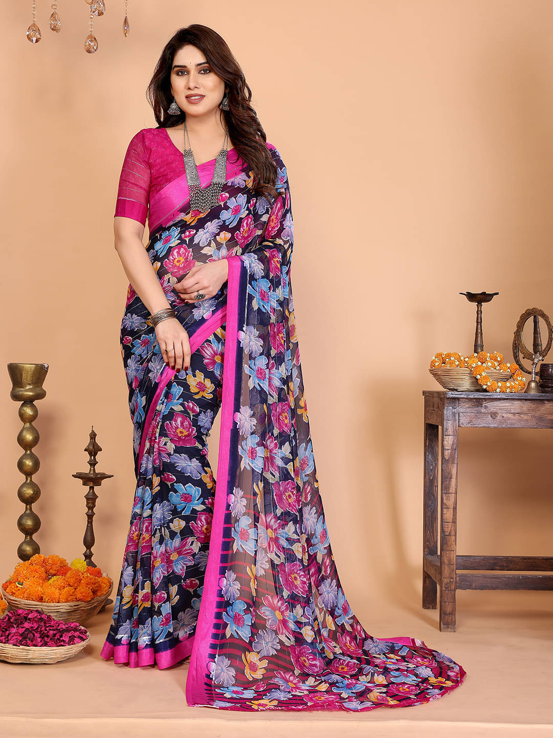     			Kashvi Sarees Georgette Printed Regular Saree With Unstitched Blouse Piece ( Navy Blue )