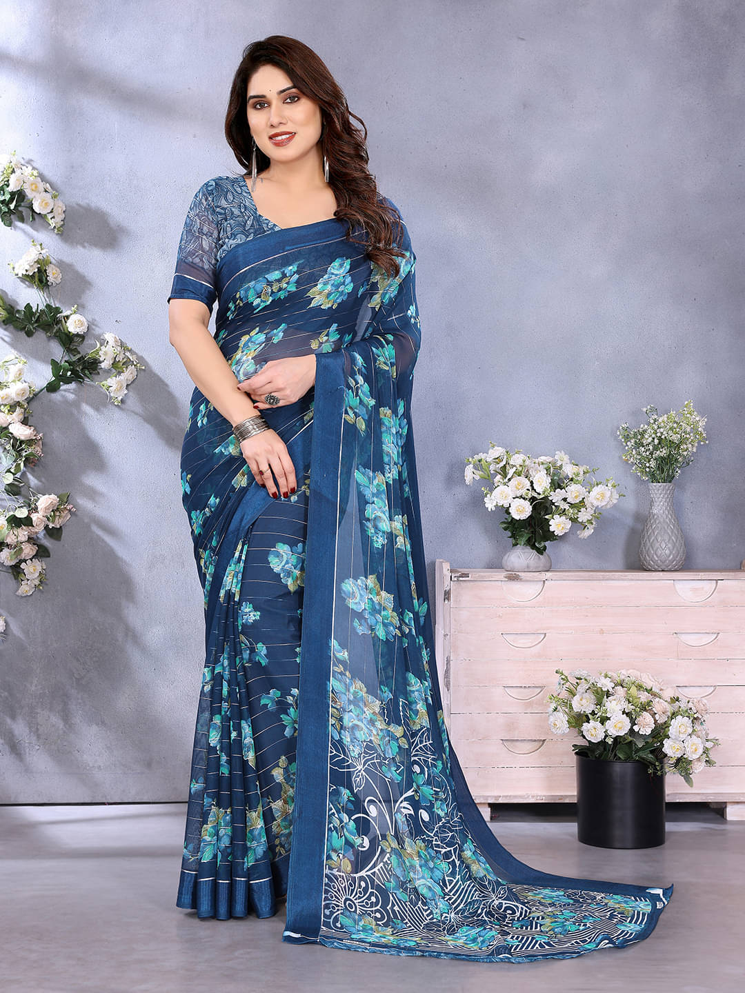     			Kashvi Sarees Georgette Printed Regular Saree With Unstitched Blouse Piece ( Blue )
