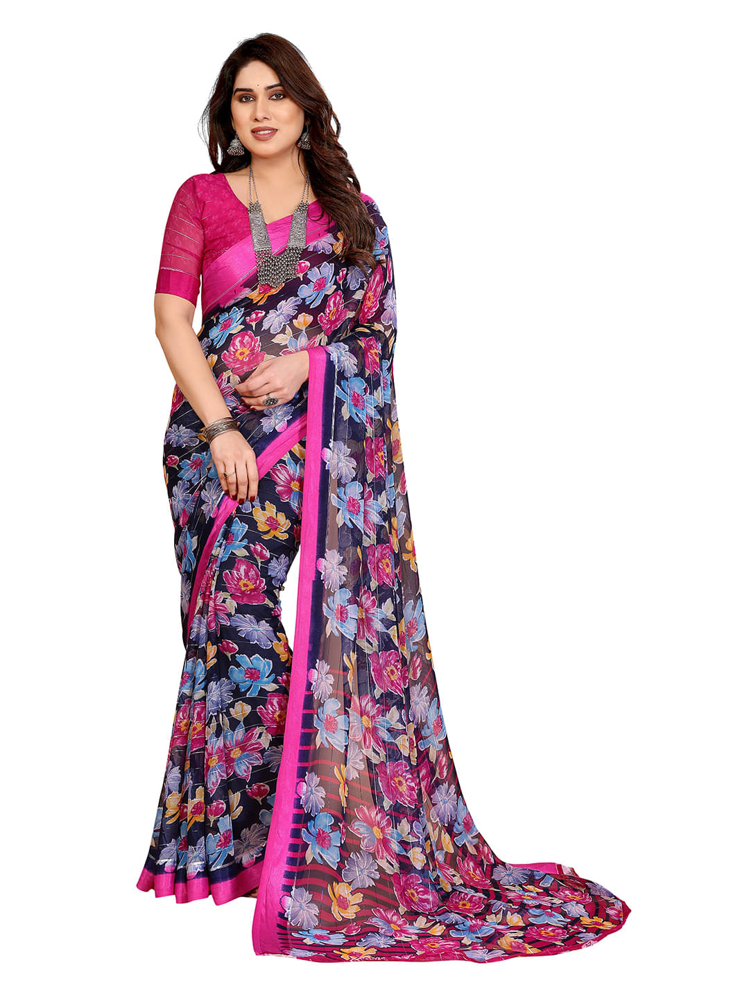 Kashvi Sarees Georgette Printed Regular Saree With Unstitched Blouse Piece ( Navy Blue )     			Kashvi Sarees Georgette Printed Regular Saree With Unstitched Blouse Piece ( Navy Blue )