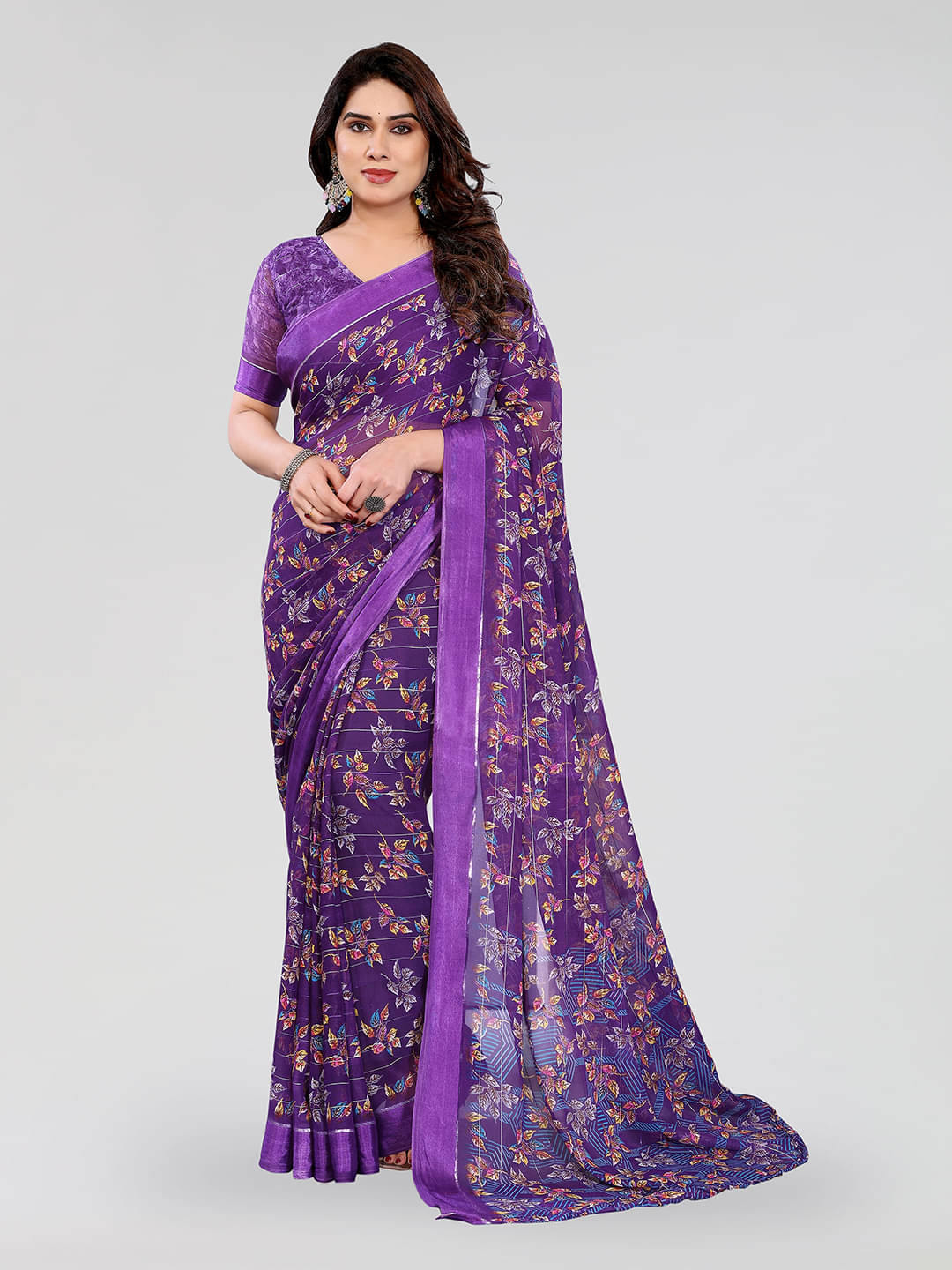 Kashvi Sarees Georgette Printed Regular Saree With Unstitched Blouse Piece ( Purple )     			Kashvi Sarees Georgette Printed Regular Saree With Unstitched Blouse Piece ( Purple )