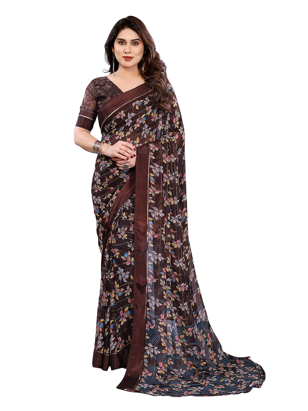 Kashvi Sarees Georgette Printed Regular Saree With Unstitched Blouse Piece ( Brown )     			Kashvi Sarees Georgette Printed Regular Saree With Unstitched Blouse Piece ( Brown )