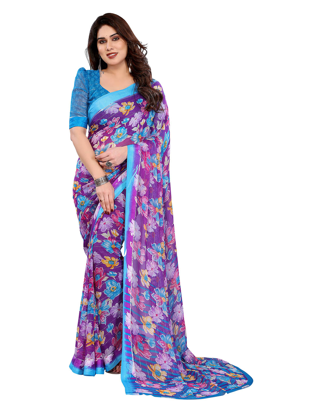 Kashvi Sarees Georgette Printed Regular Saree With Unstitched Blouse Piece ( Purple )     			Kashvi Sarees Georgette Printed Regular Saree With Unstitched Blouse Piece ( Purple )