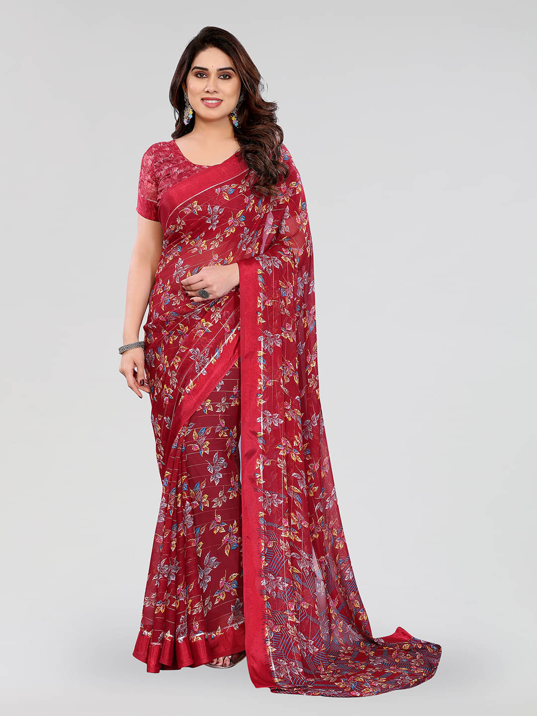     			Kashvi Sarees Georgette Printed Regular Saree With Unstitched Blouse Piece ( Maroon )