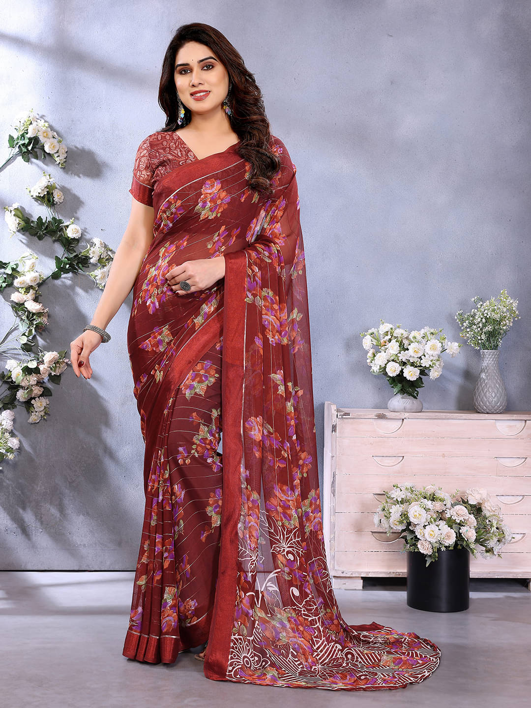     			Kashvi Sarees Georgette Printed Regular Saree With Unstitched Blouse Piece ( Maroon )