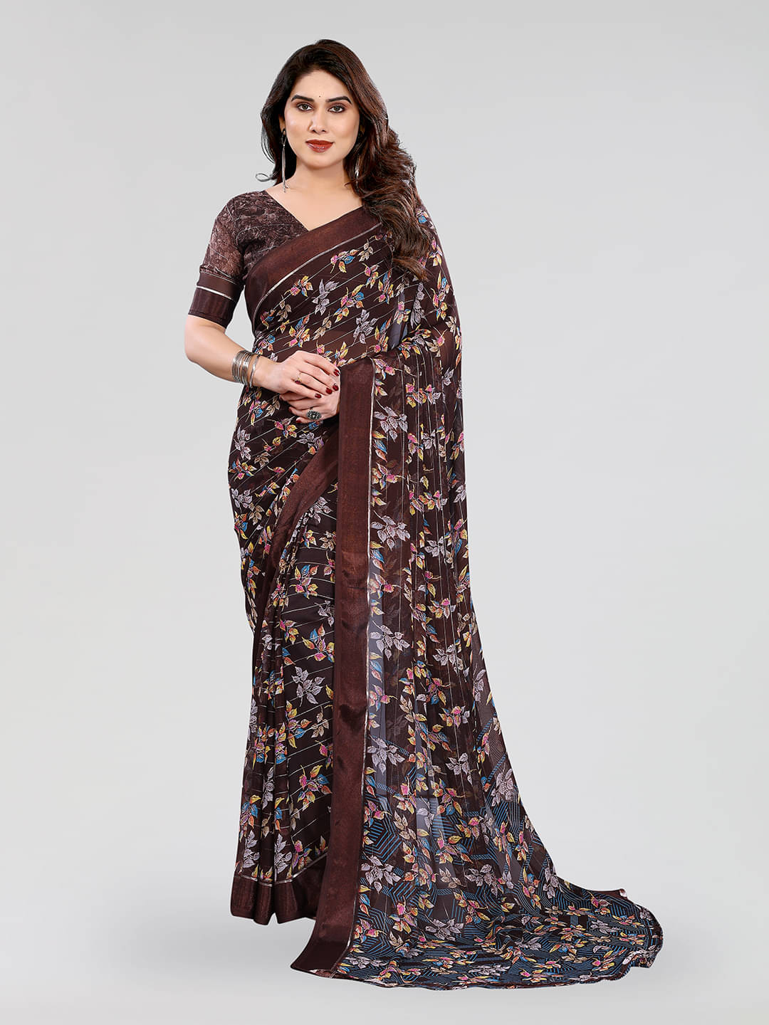     			Kashvi Sarees Georgette Printed Regular Saree With Unstitched Blouse Piece ( Brown )