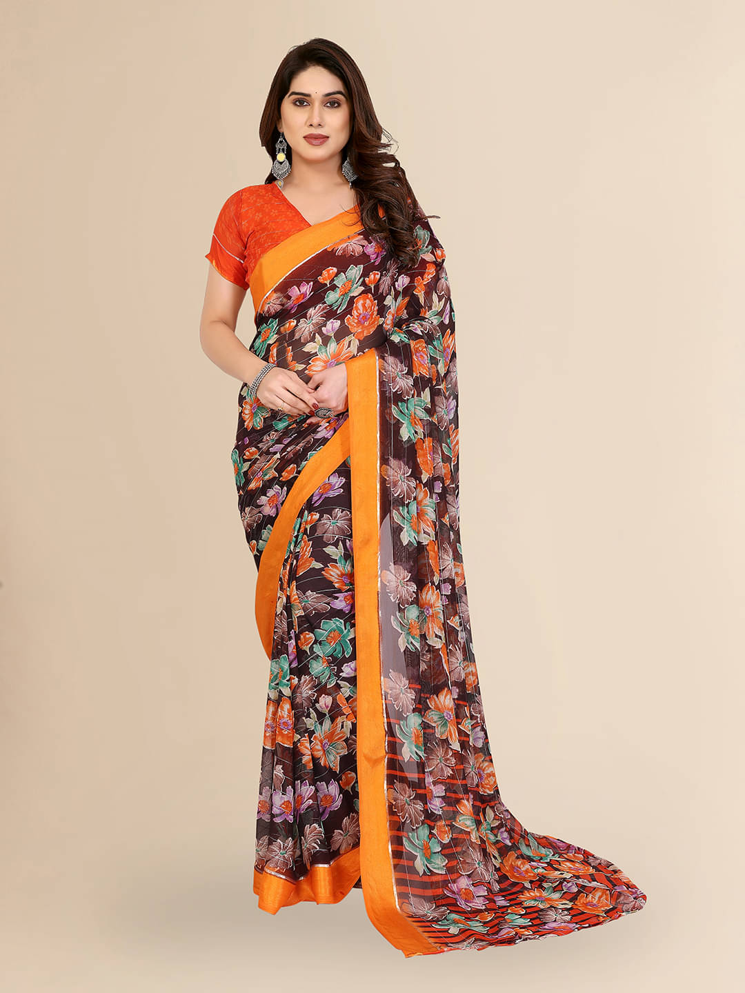     			Kashvi Sarees Georgette Printed Regular Saree With Unstitched Blouse Piece ( Brown )