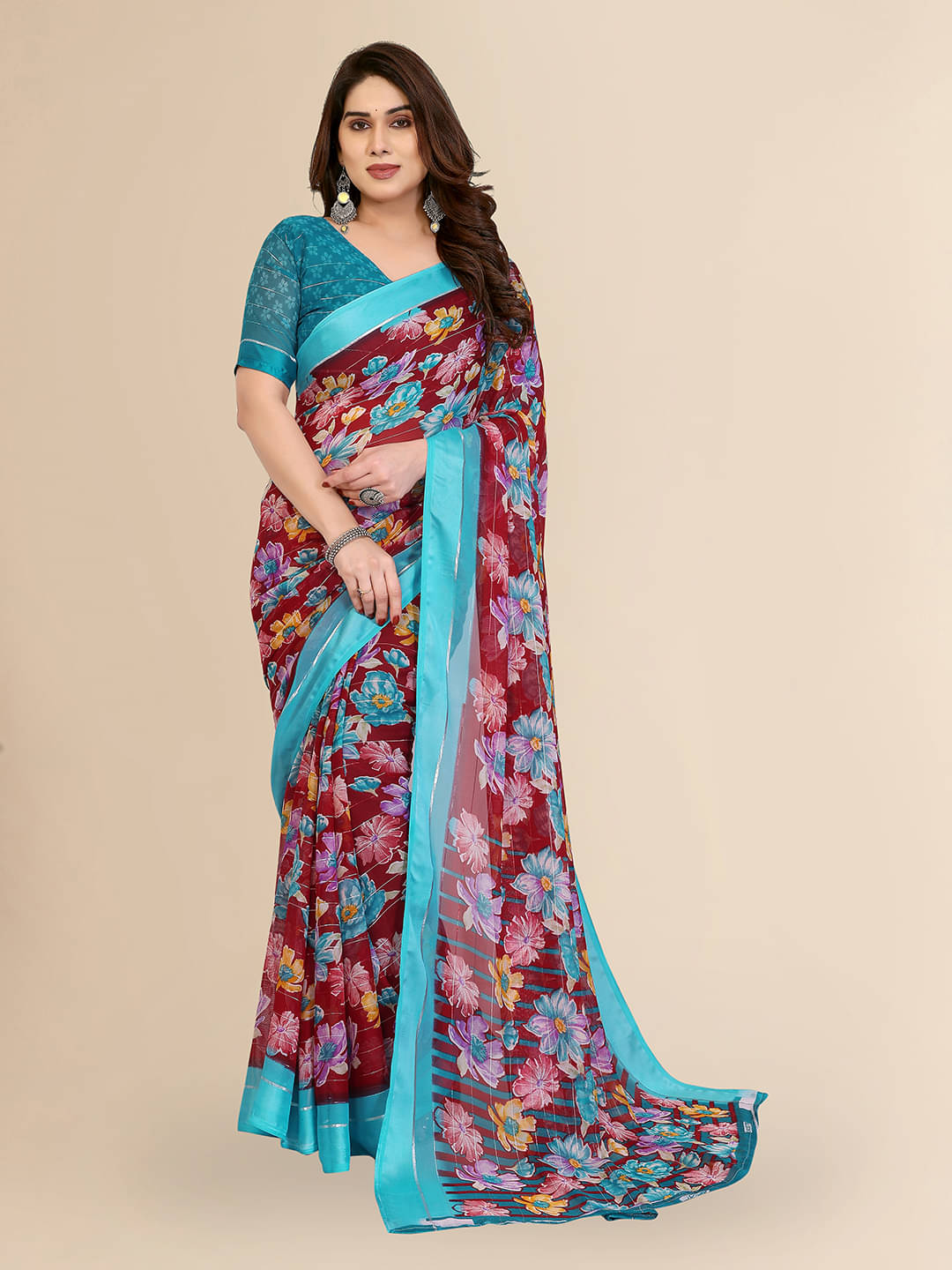     			Kashvi Sarees Georgette Printed Regular Saree With Unstitched Blouse Piece ( Red )