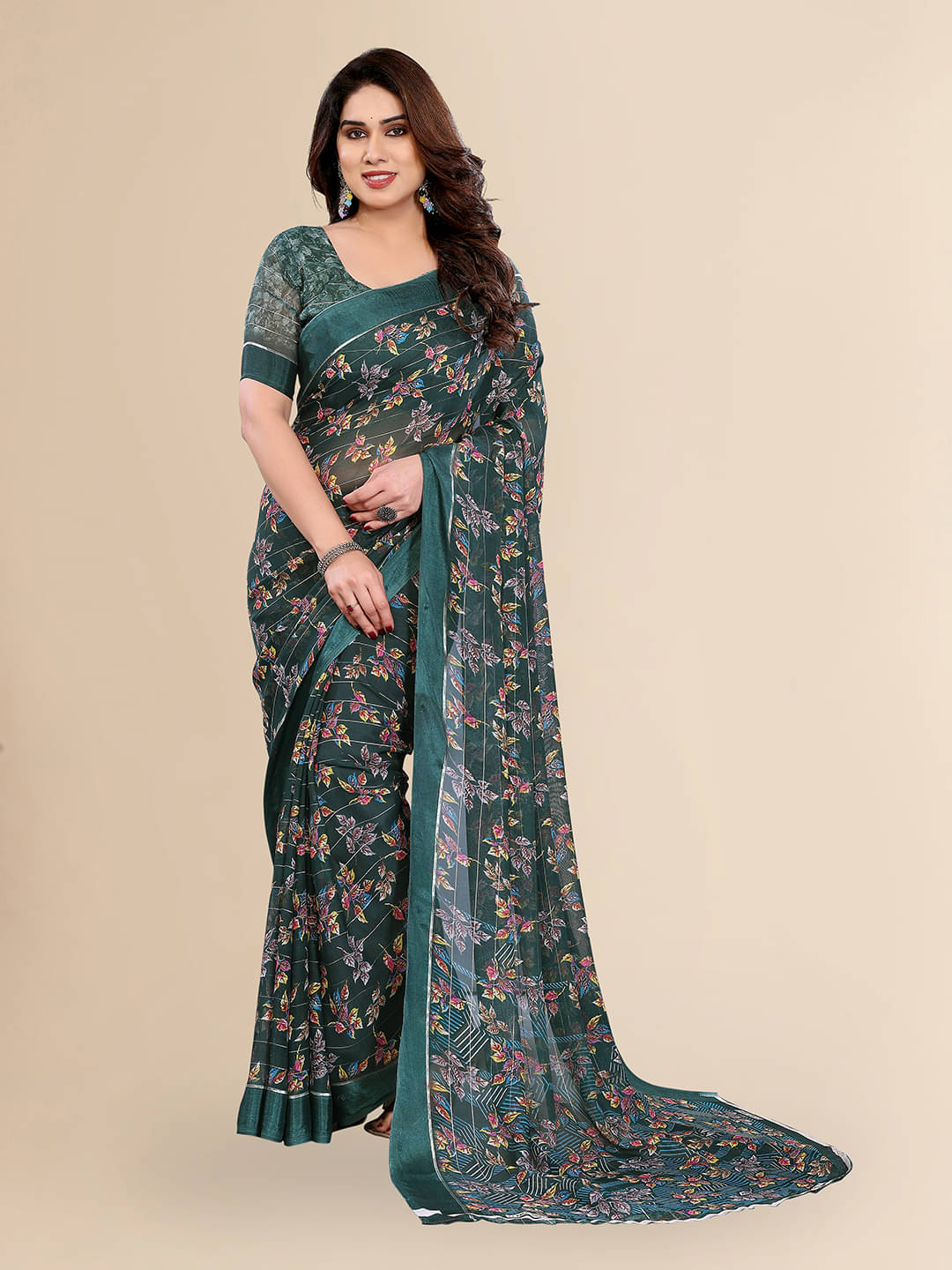     			Kashvi Sarees Georgette Printed Regular Saree With Unstitched Blouse Piece ( Green )