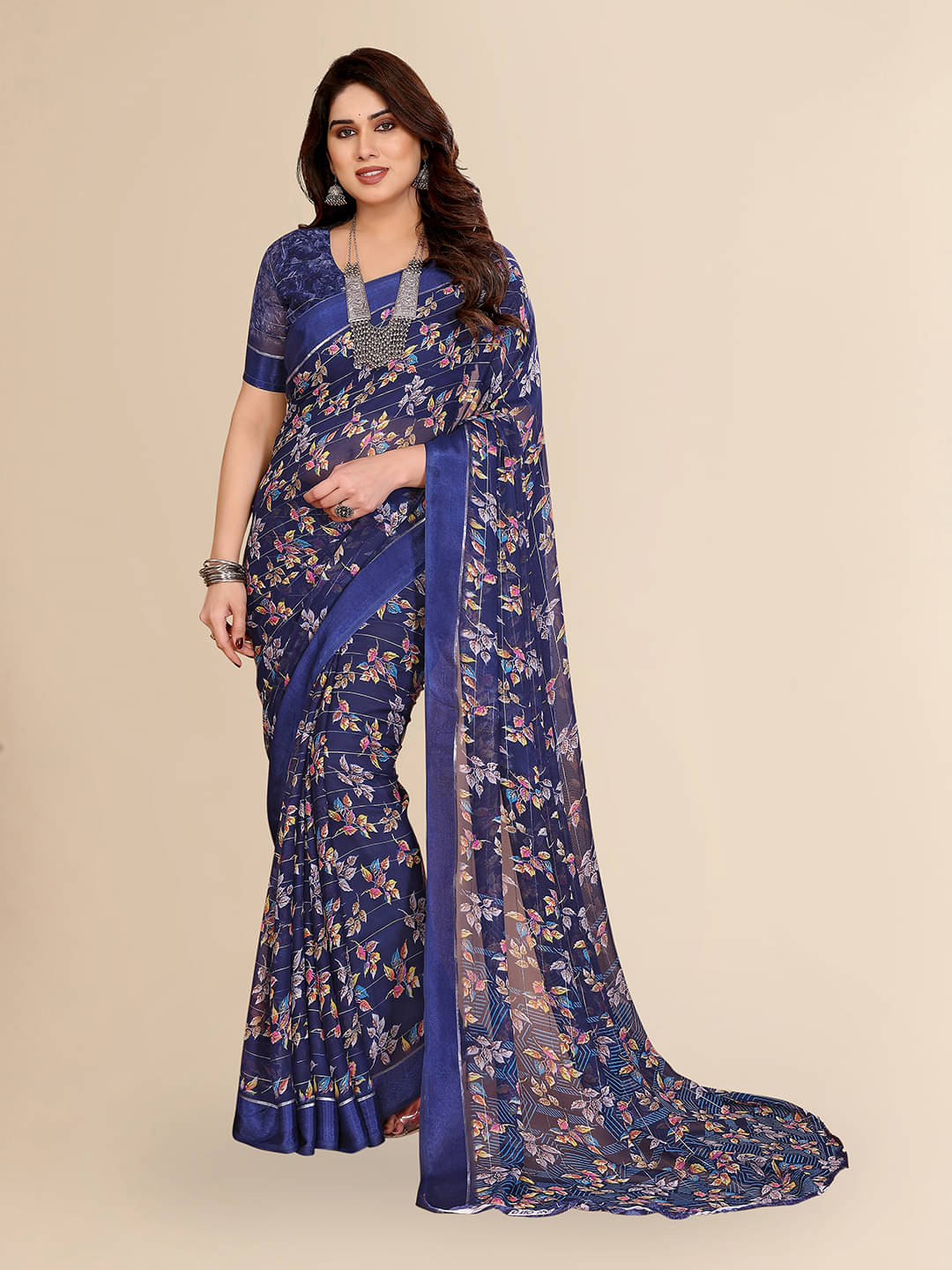 Kashvi Sarees Georgette Printed Regular Saree With Unstitched Blouse Piece ( Navy Blue )     			Kashvi Sarees Georgette Printed Regular Saree With Unstitched Blouse Piece ( Navy Blue )