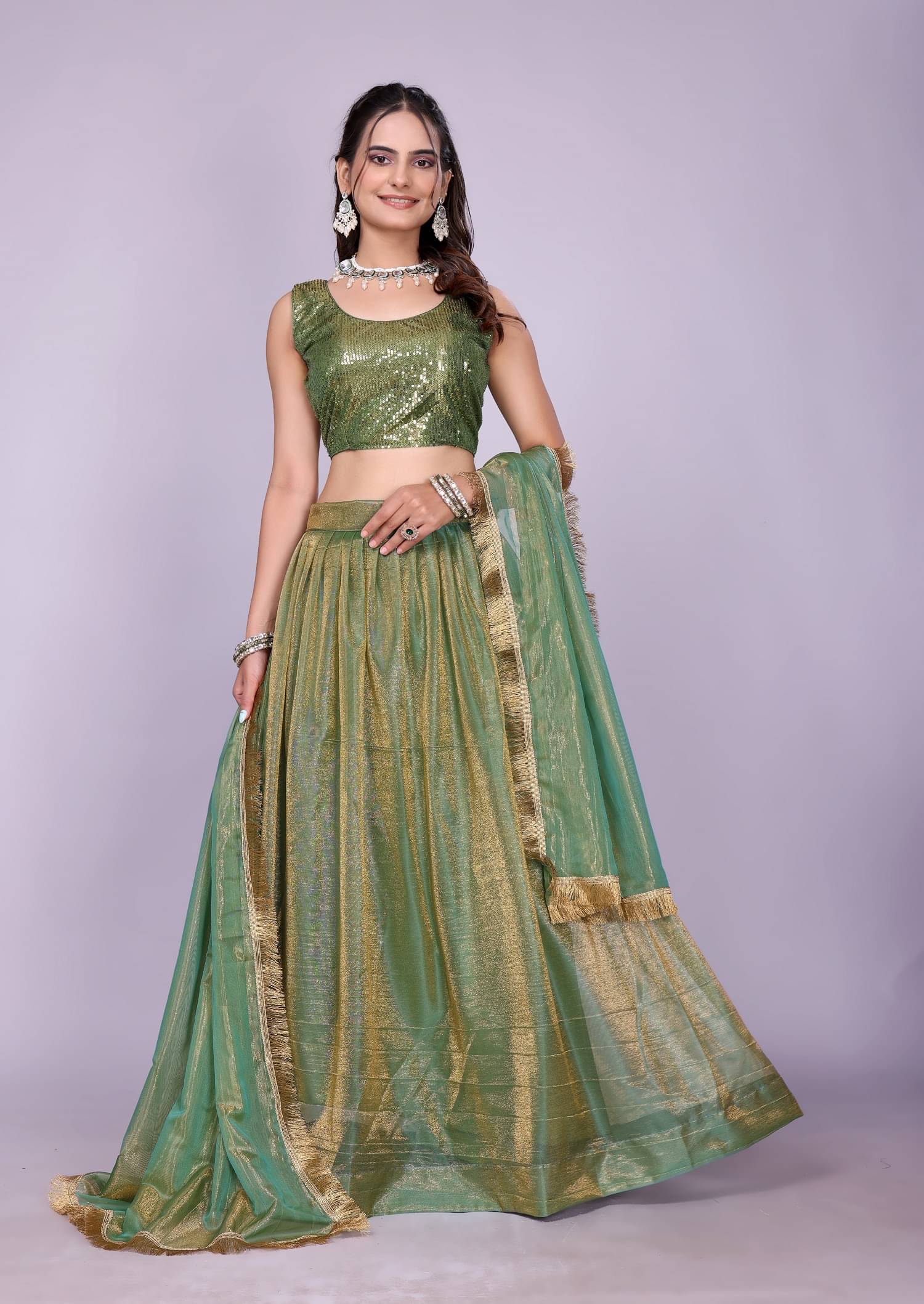     			Lady Shopi Women Chiffon Flared Semi Stitched Lehenga Choli ( Green )