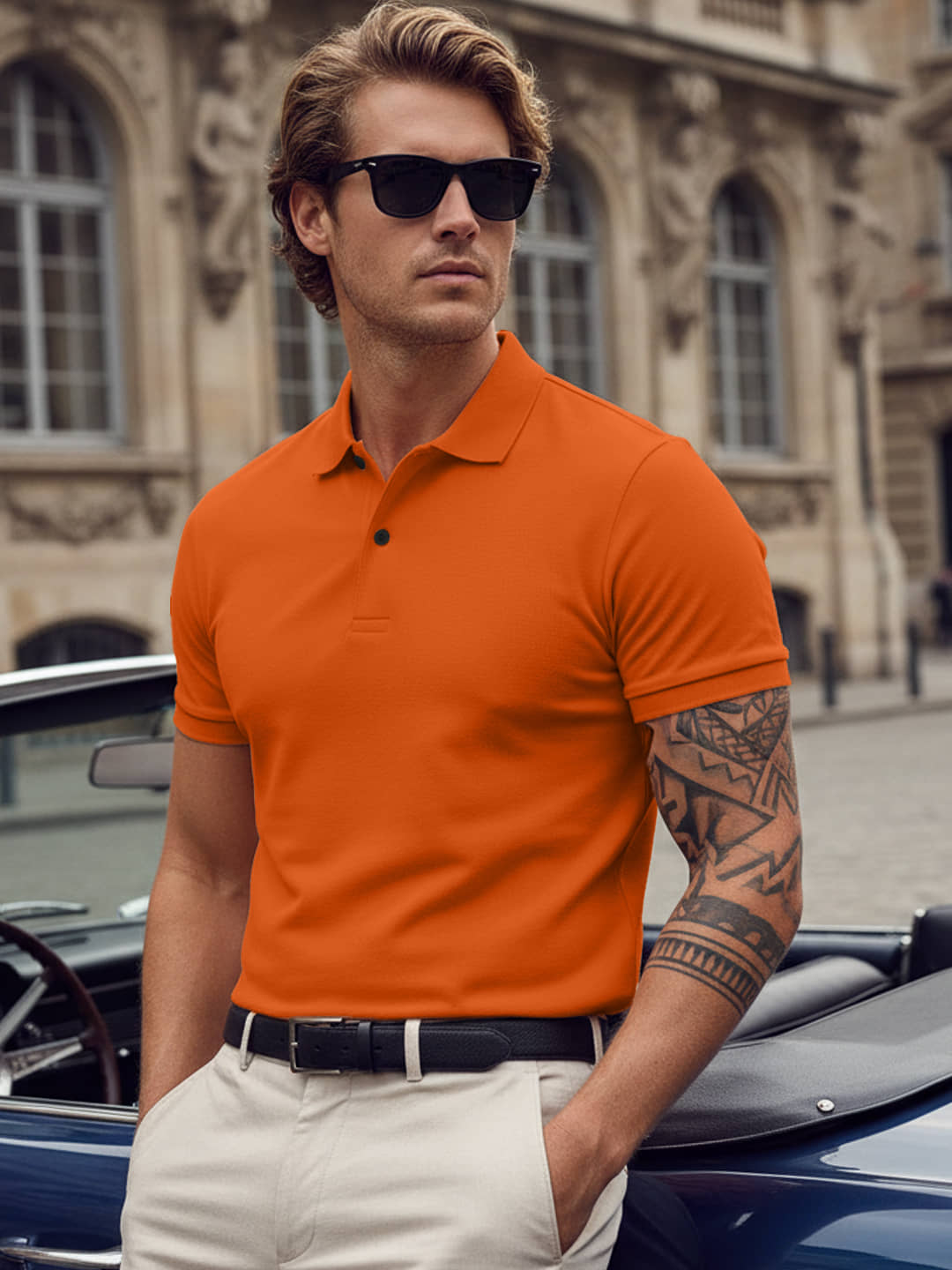 Leotude Men Cotton Blend Regular Fit Solid Polo T Shirt ( Orange )