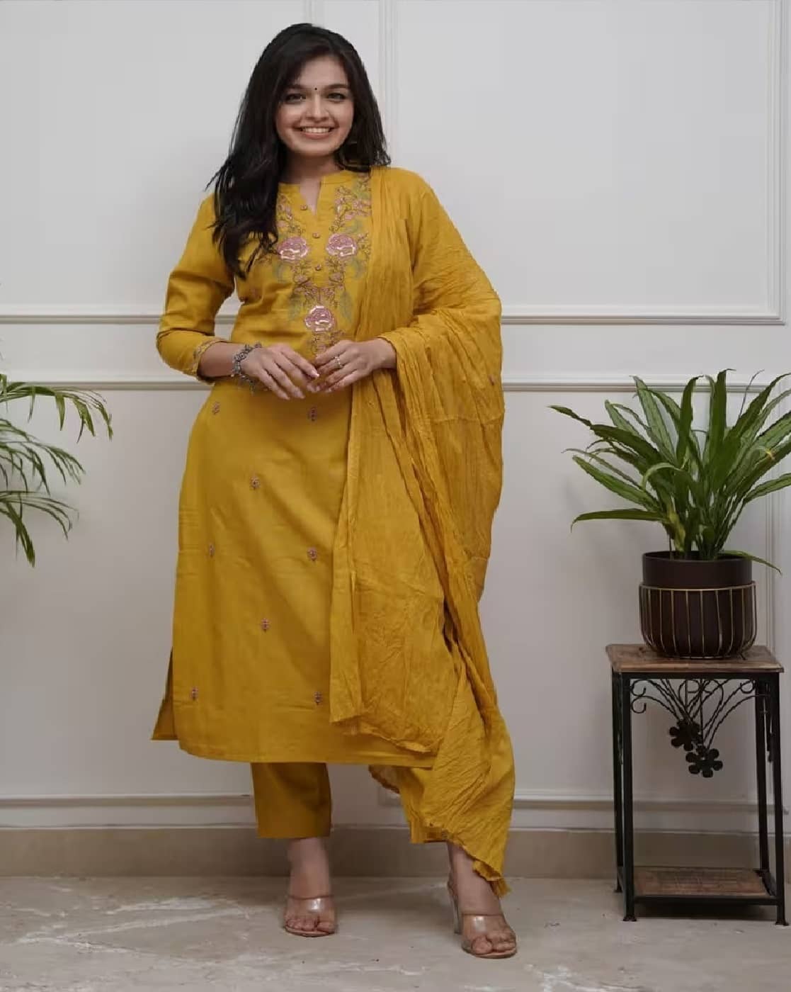 MEHZEEL FAB Women Cotton Silk Embroidered Straight Kurti With Pants ( Mustard )