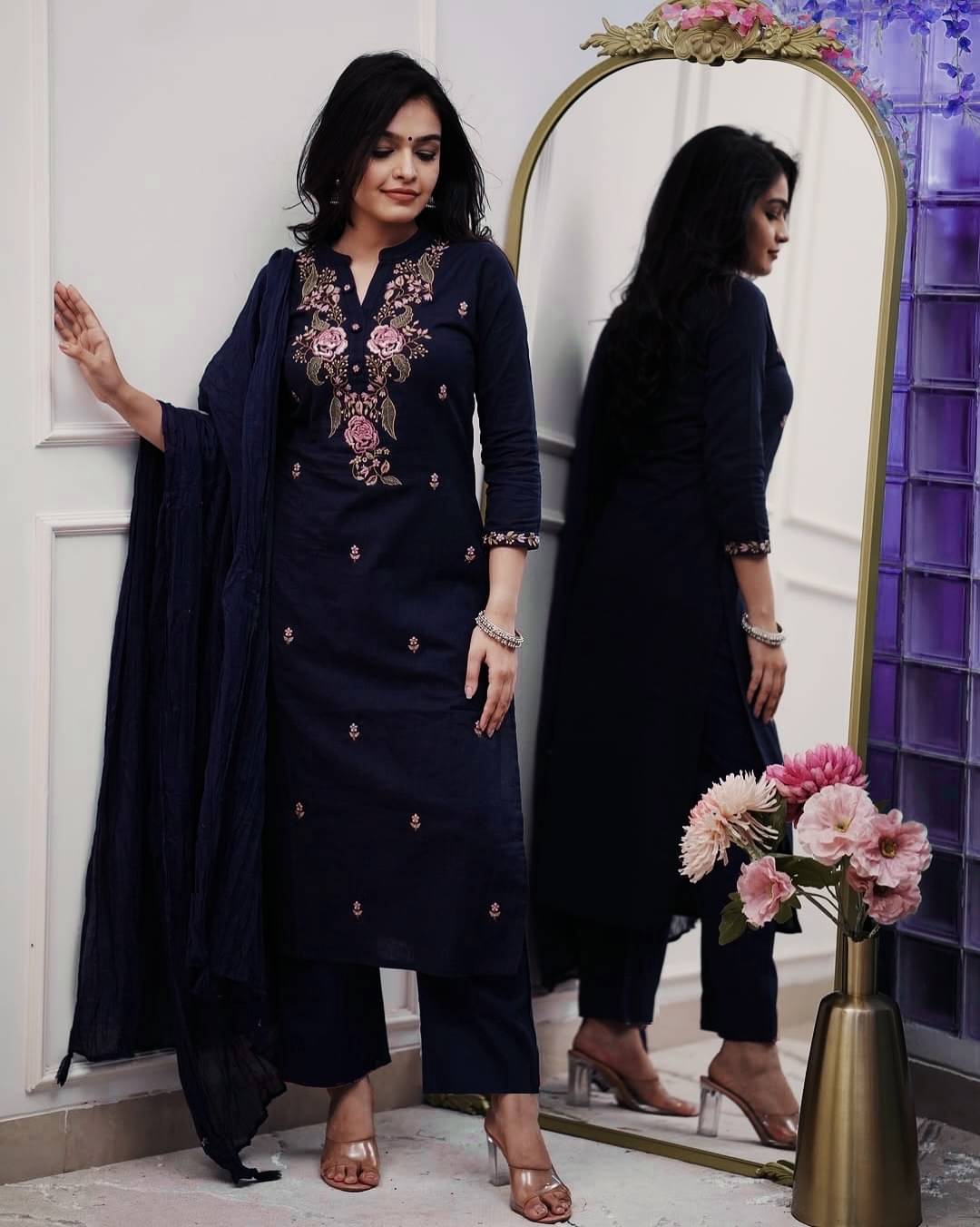     			MEHZEEL FAB Women Cotton Silk Embroidered Straight Kurti With Pants ( Navy )