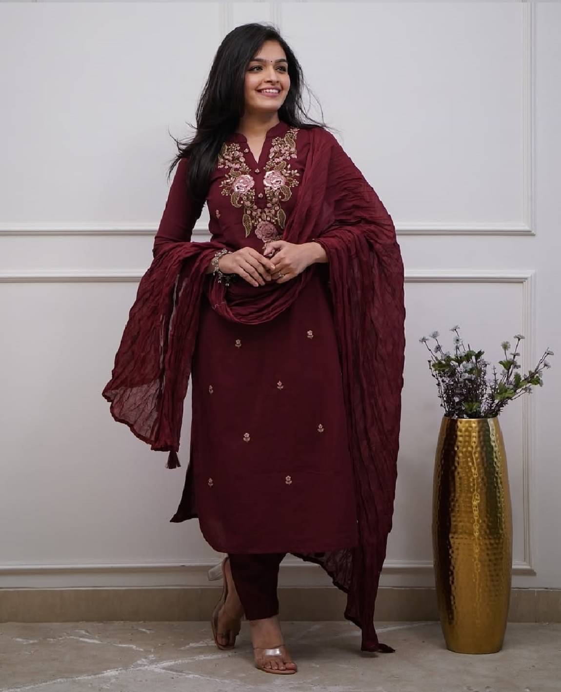     			MEHZEEL FAB Women Cotton Silk Embroidered Straight Kurti With Pants ( Maroon )