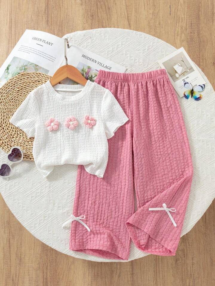     			MILILIAM Pack of 2 Girls Cotton Blend T-shirts & Palazzo ( Pink & White )