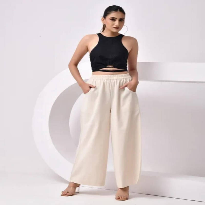     			SIDDHO HUM Women Cotton Wide Leg Trousers ( Beige )