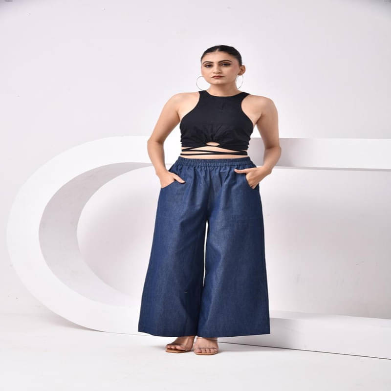     			SIDDHO HUM Women Cotton Wide Leg Trousers ( Navy )