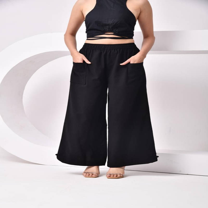     			SIDDHO HUM Women Cotton Wide Leg Trousers ( Black )