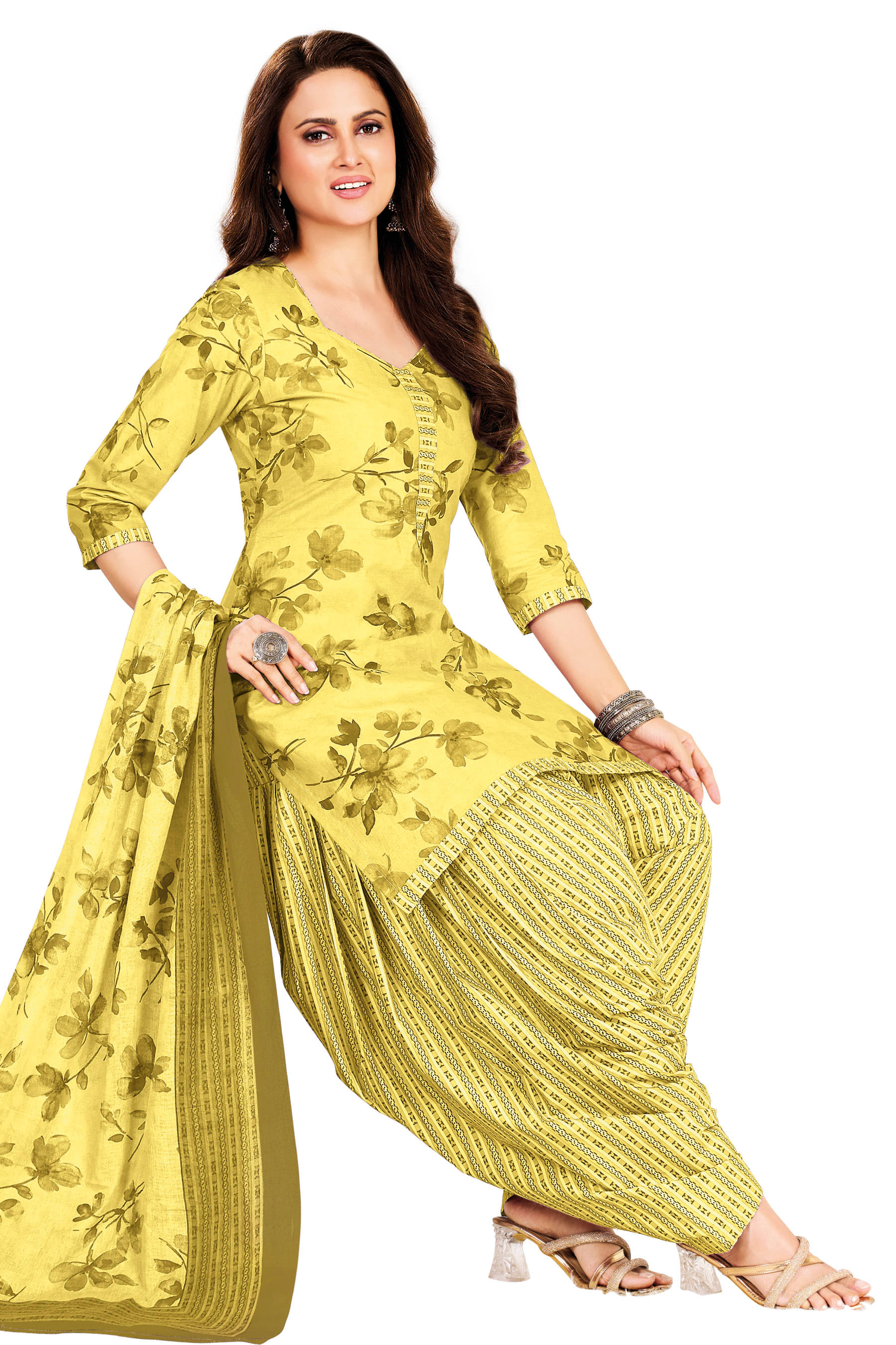     			SIMMU Women Cotton Printed Straight Kurti With Patiala Salwar ( Yellow )