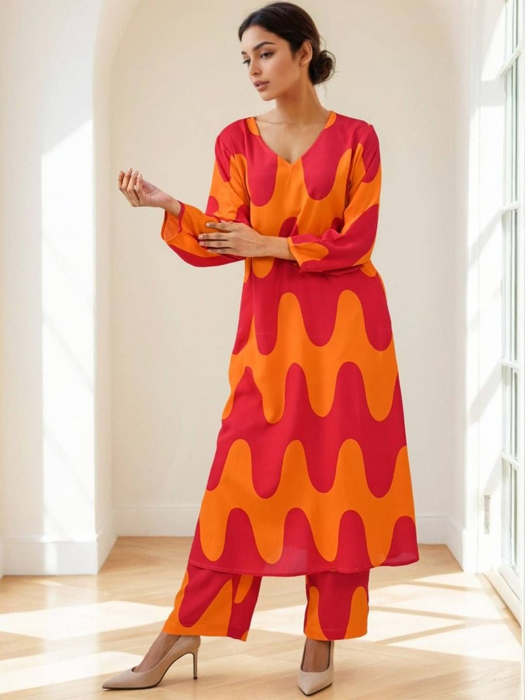 THE PRIVATE LABLE Women Tunic With Trousers Co-Ord Set ( Orange ) THE PRIVATE LABLE Women Tunic With Trousers Co-Ord Set ( Orange )