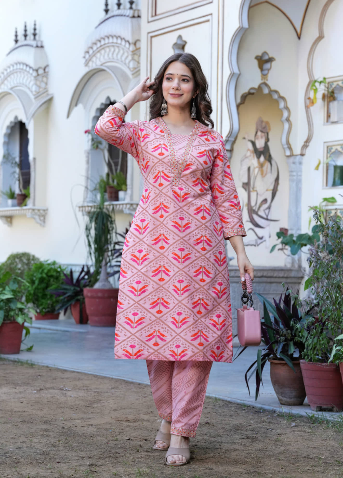 VASTRANARI Women Cotton Embroidered Straight Kurti With Pants ( Multicolor )