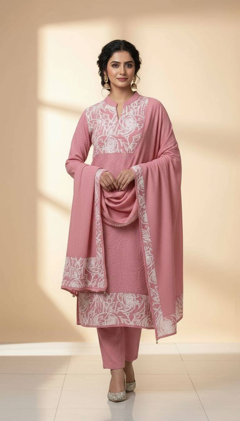 WOOL'S KART Women Woollen Printed A-line Kurti With Palazzo ( Pink )     			WOOL'S KART Women Woollen Printed A-line Kurti With Palazzo ( Pink )