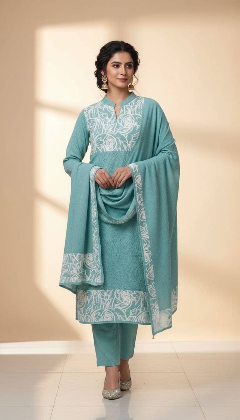     			WOOL'S KART Women Woollen Printed A-line Kurti With Palazzo ( Blue )