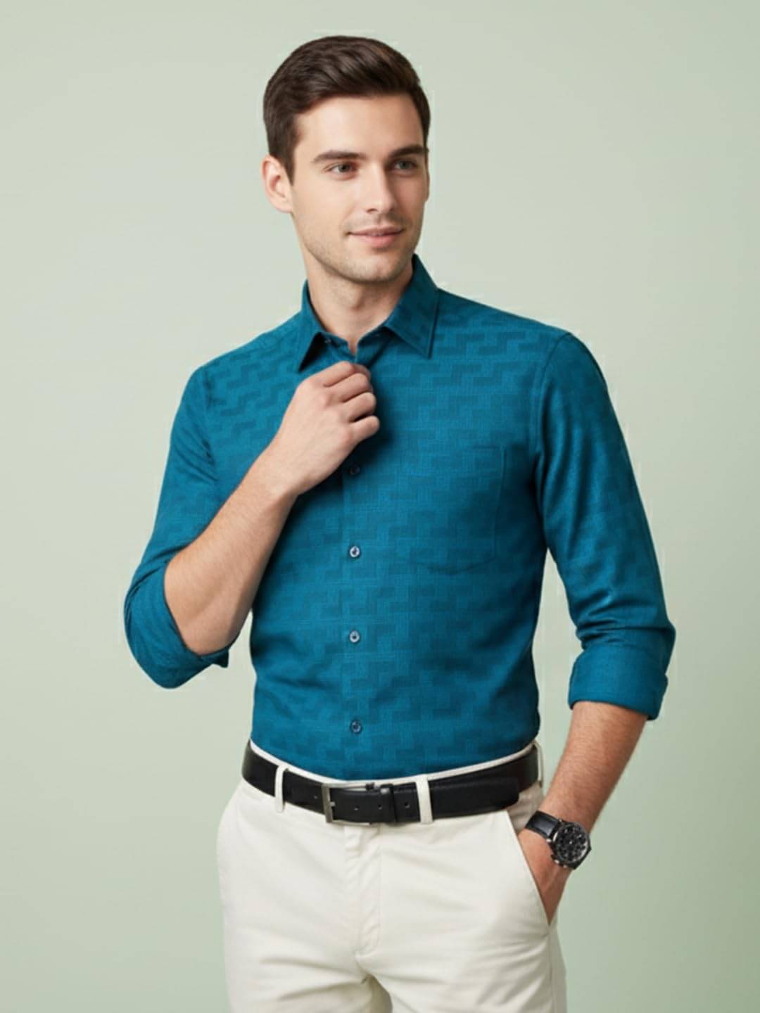     			Yugnik Cotton Blend Slim Fit Self Design Full Sleeves Men's Casual Shirt - Teal ( Pack of 1 )