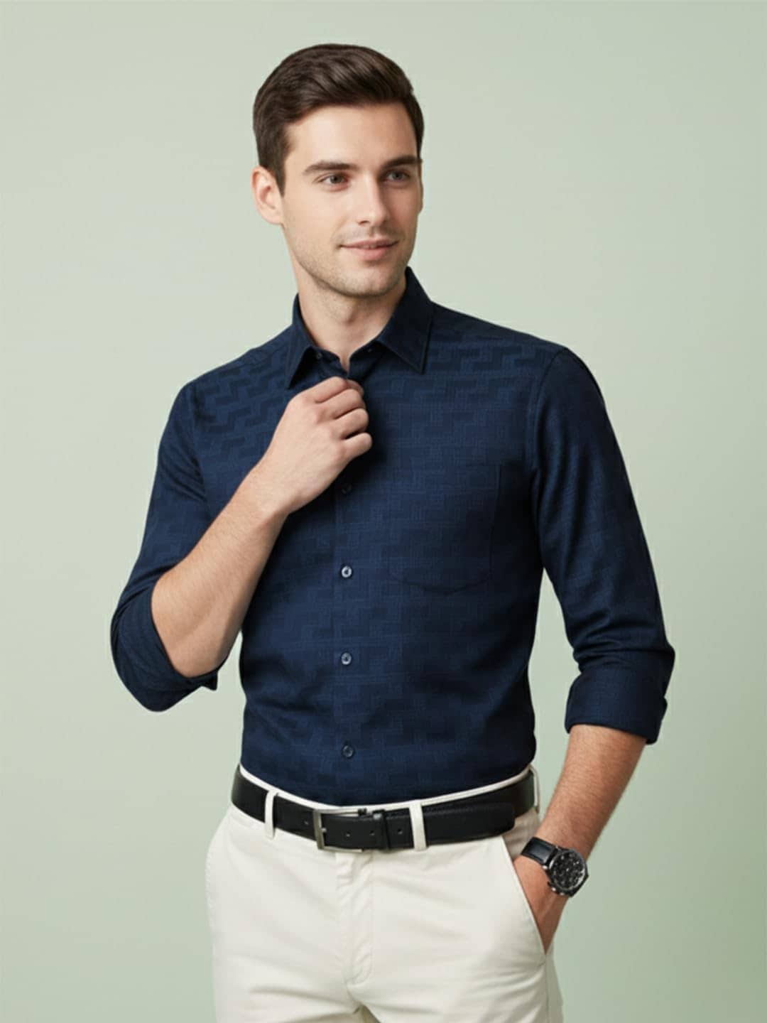 Yugnik Cotton Blend Slim Fit Self Design Full Sleeves Men's Casual Shirt - Navy ( Pack of 1 )