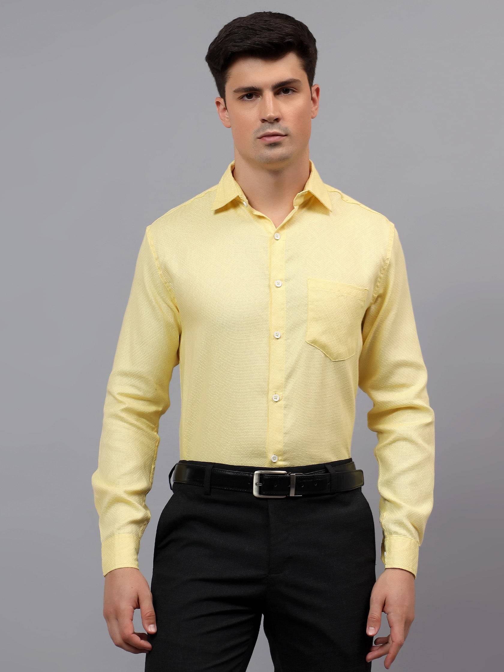     			Yugnik Cotton Blend Slim Fit Self Design Full Sleeves Men's Casual Shirt - Yellow ( Pack of 1 )