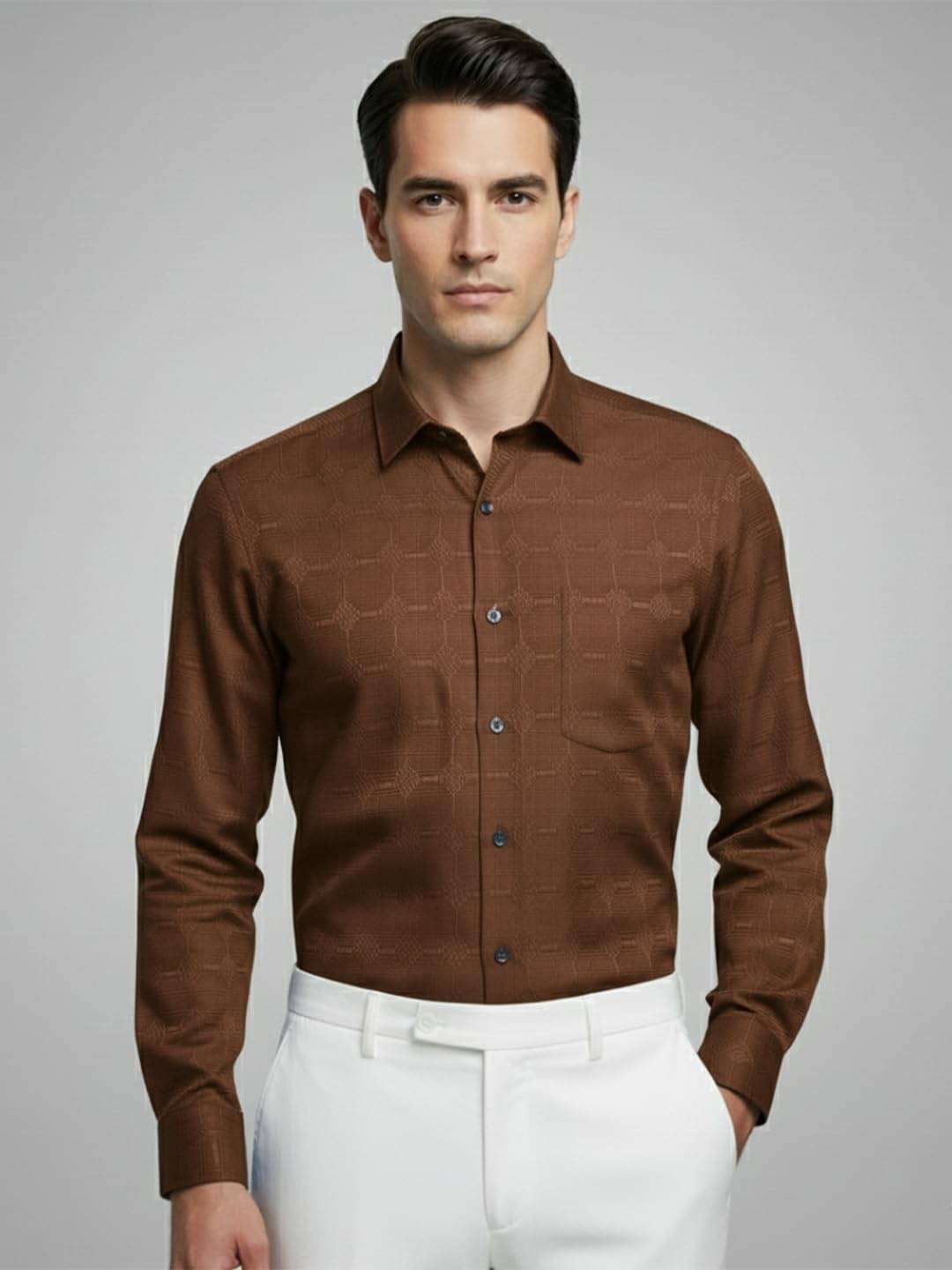Yugnik Cotton Blend Slim Fit Self Design Full Sleeves Men's Casual Shirt - Brown ( Pack of 1 )     			Yugnik Cotton Blend Slim Fit Self Design Full Sleeves Men's Casual Shirt - Brown ( Pack of 1 )