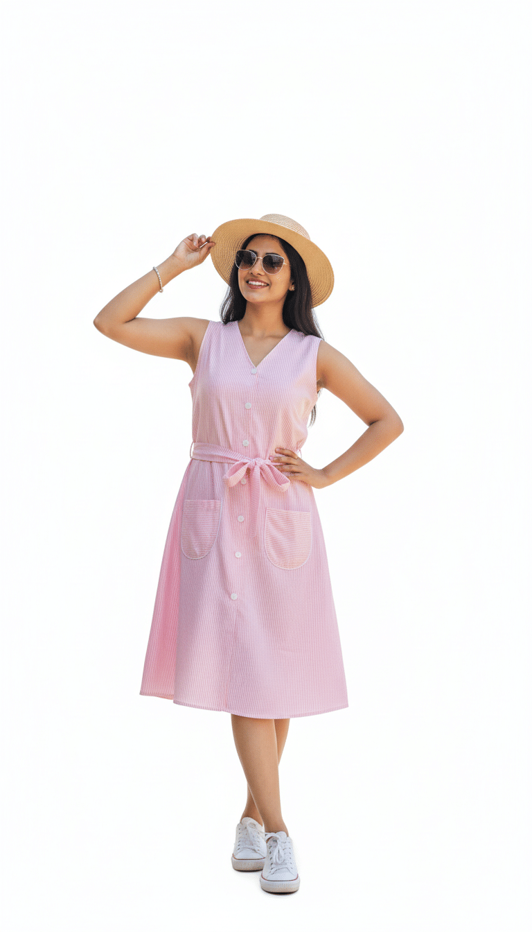     			designally Women Cotton Blend Striped A-line Dress ( Pink )