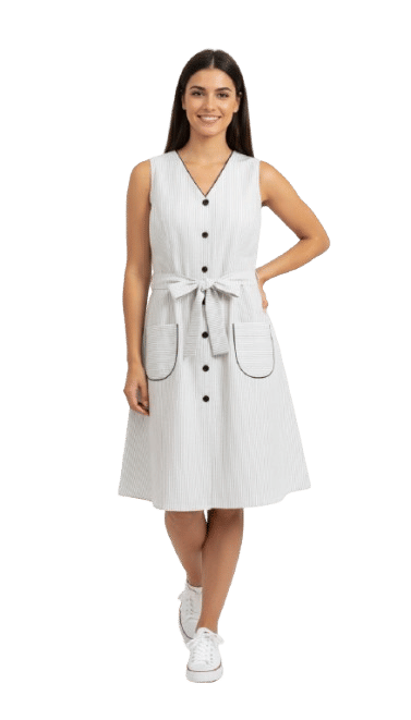     			designally Women Cotton Blend Striped A-line Dress ( Grey )